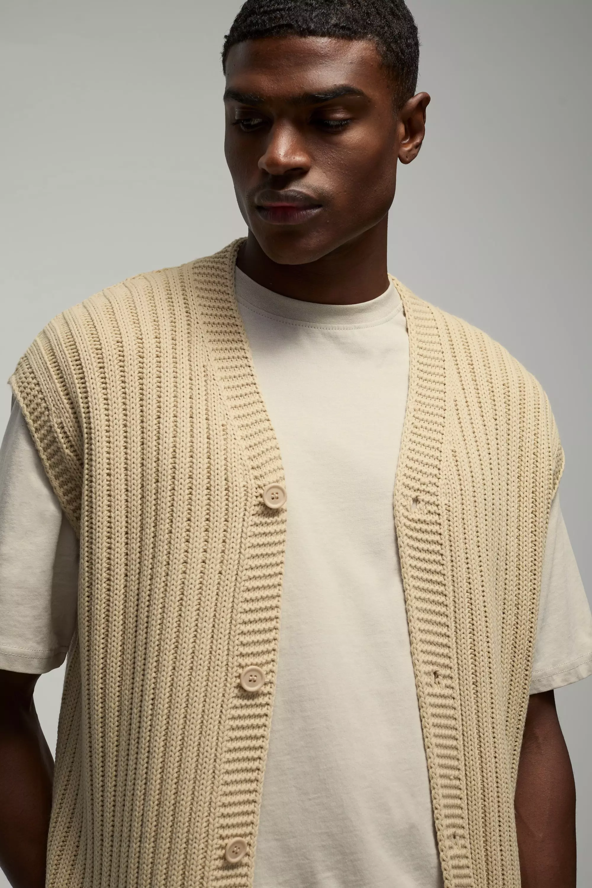 Ecru Oversized Gebreid Hemd Met V-Hals alternatieve afbeelding