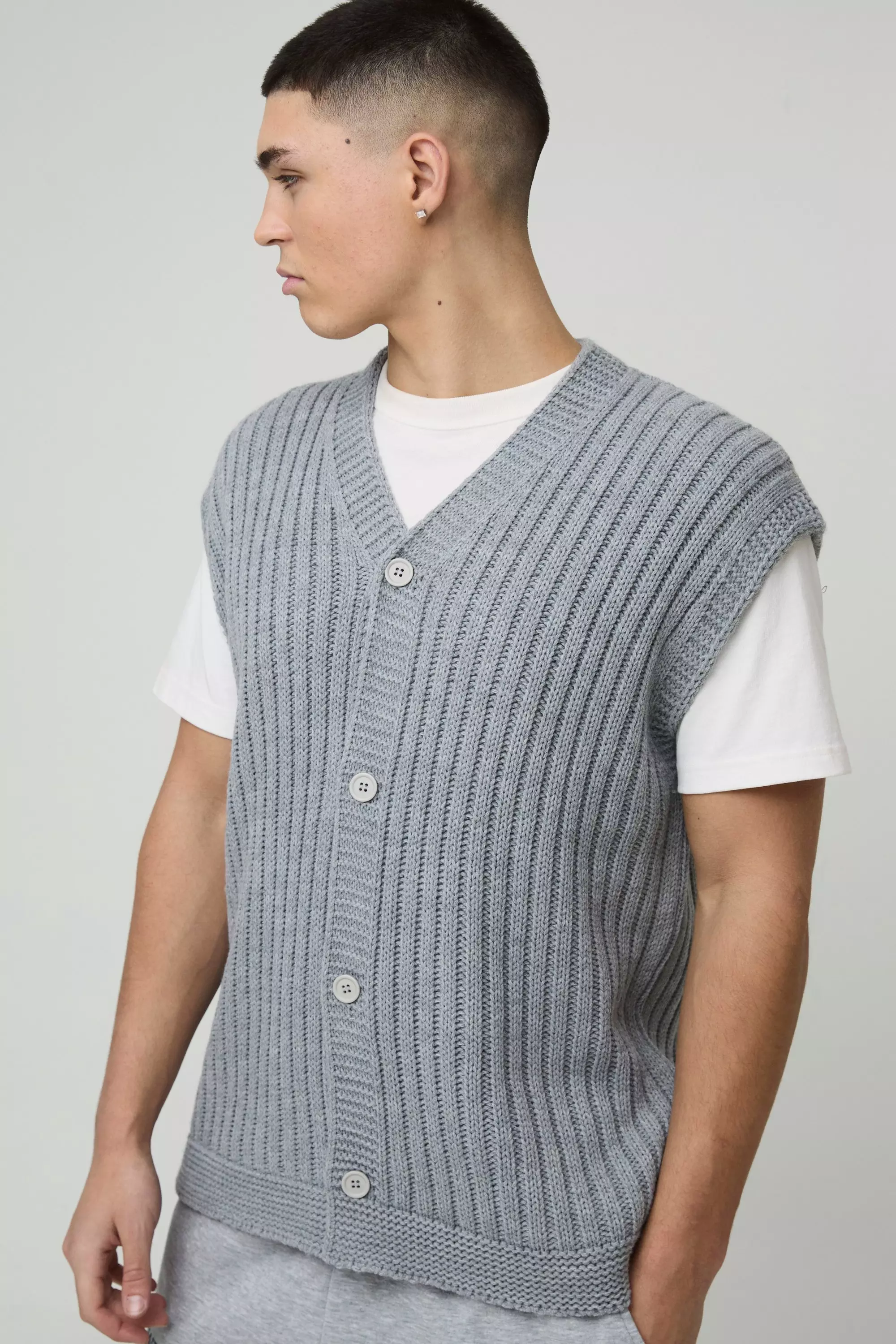 Canotta Oversize In Maglia Con Scollo A V, Grey immagine alternativa