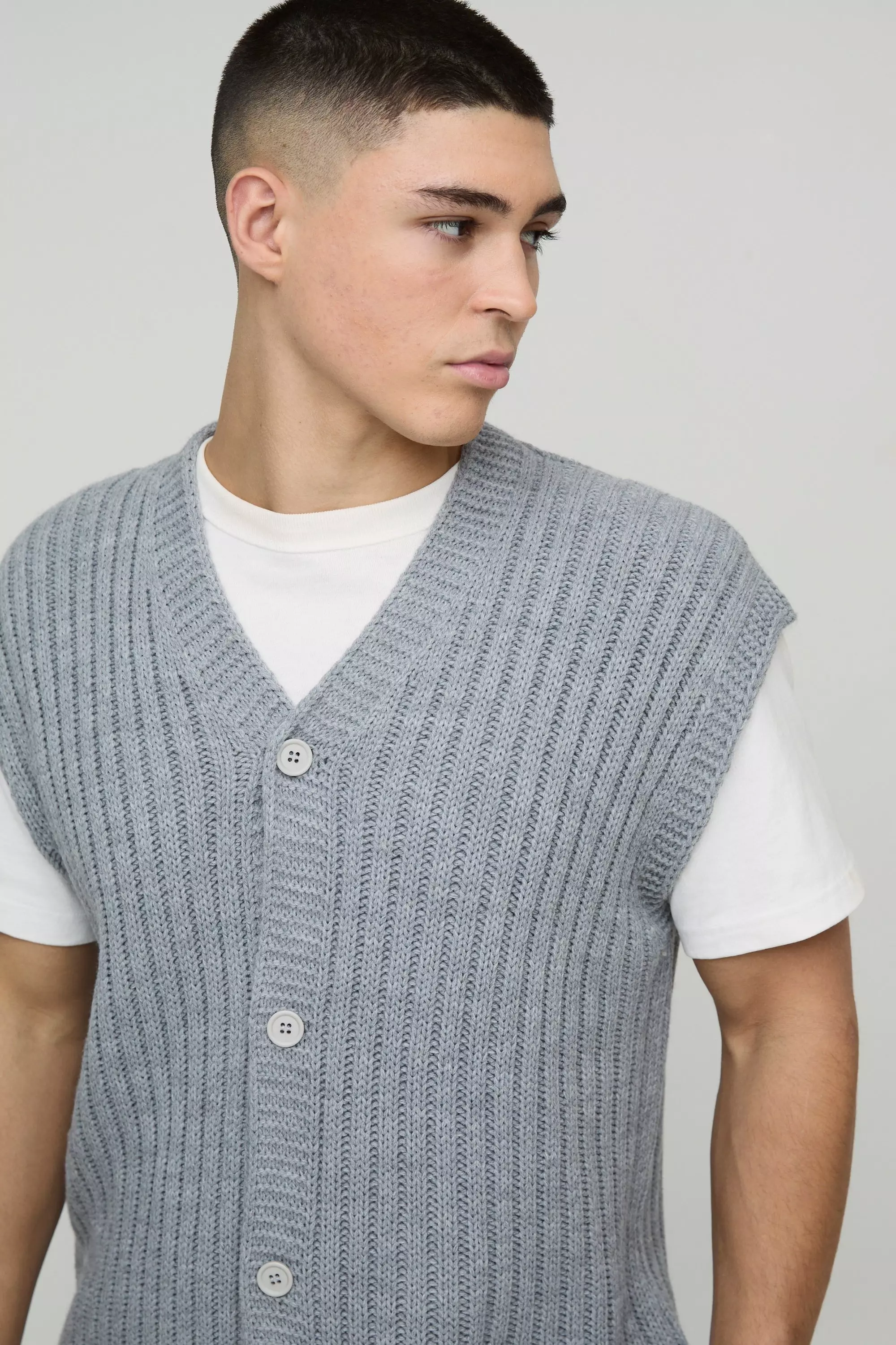 Canotta Oversize In Maglia Con Scollo A V, Grey immagine alternativa