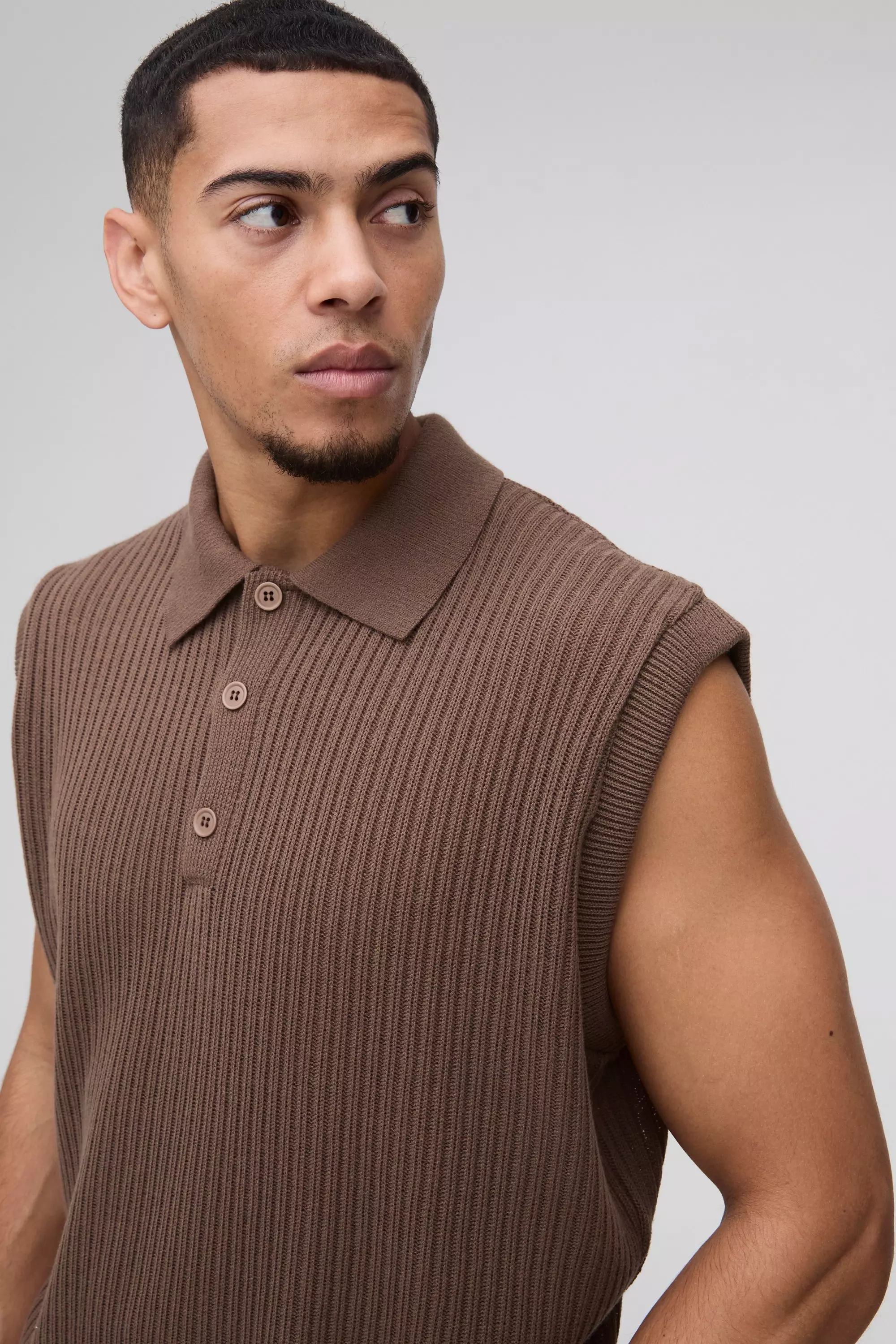 Taupe Oversized Boxy Collared Knitted Vest alternative image