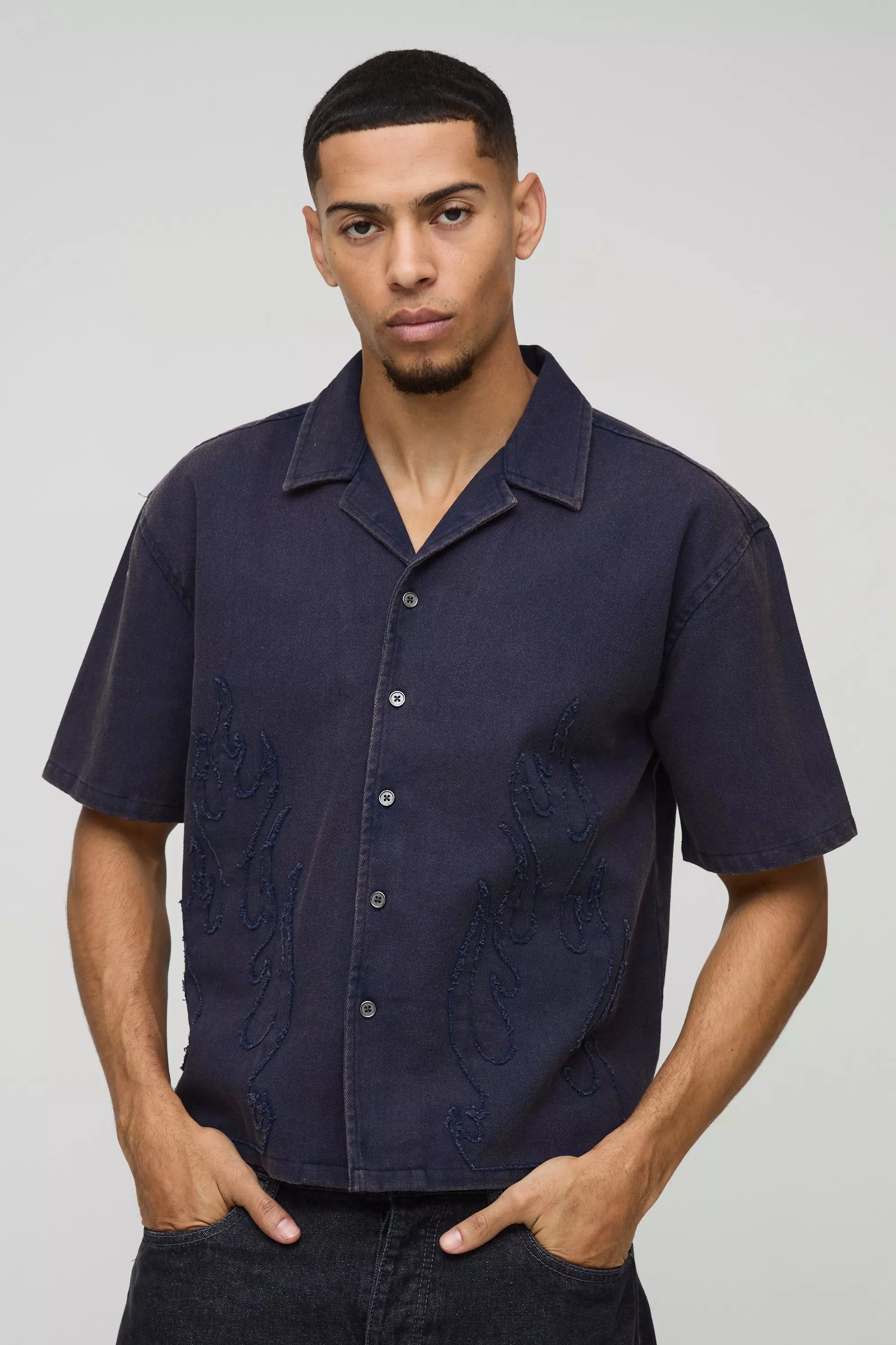 Oversized Boxy Washed Flame Applique Washed Shirt Navy