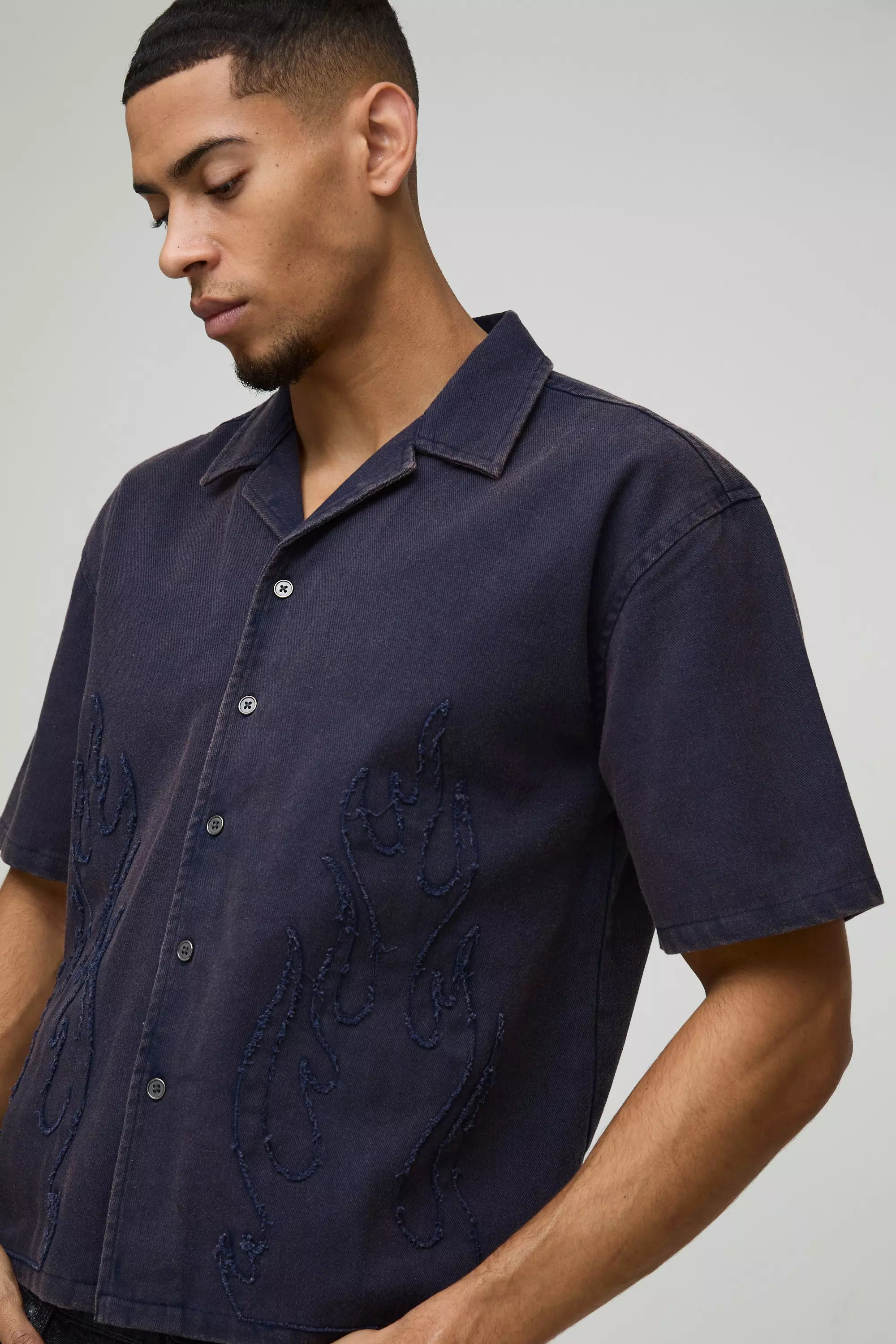 Navy Oversized Gebleekt Boxy Vlammen Overhemd alternatieve afbeelding