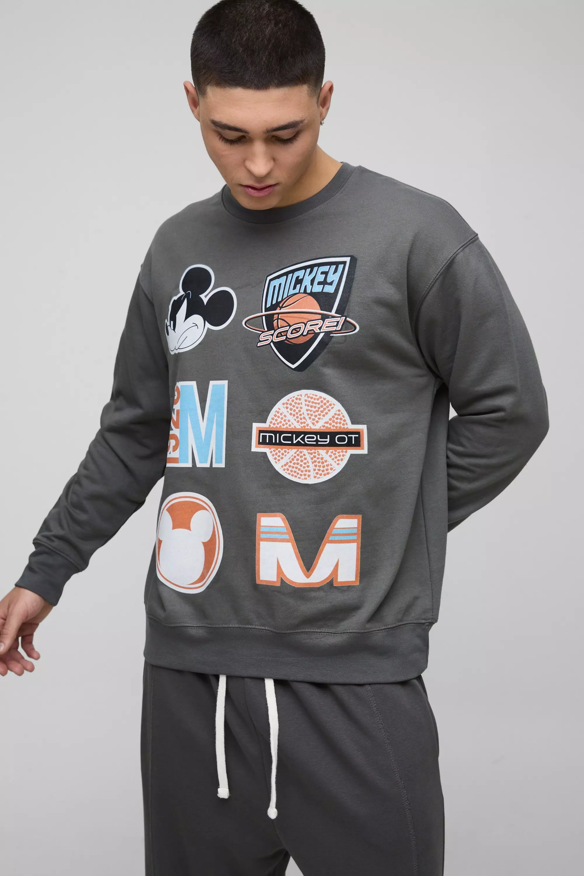 Oversized Mickey Mouse Varsity License Print Sweatshirt Charcoal