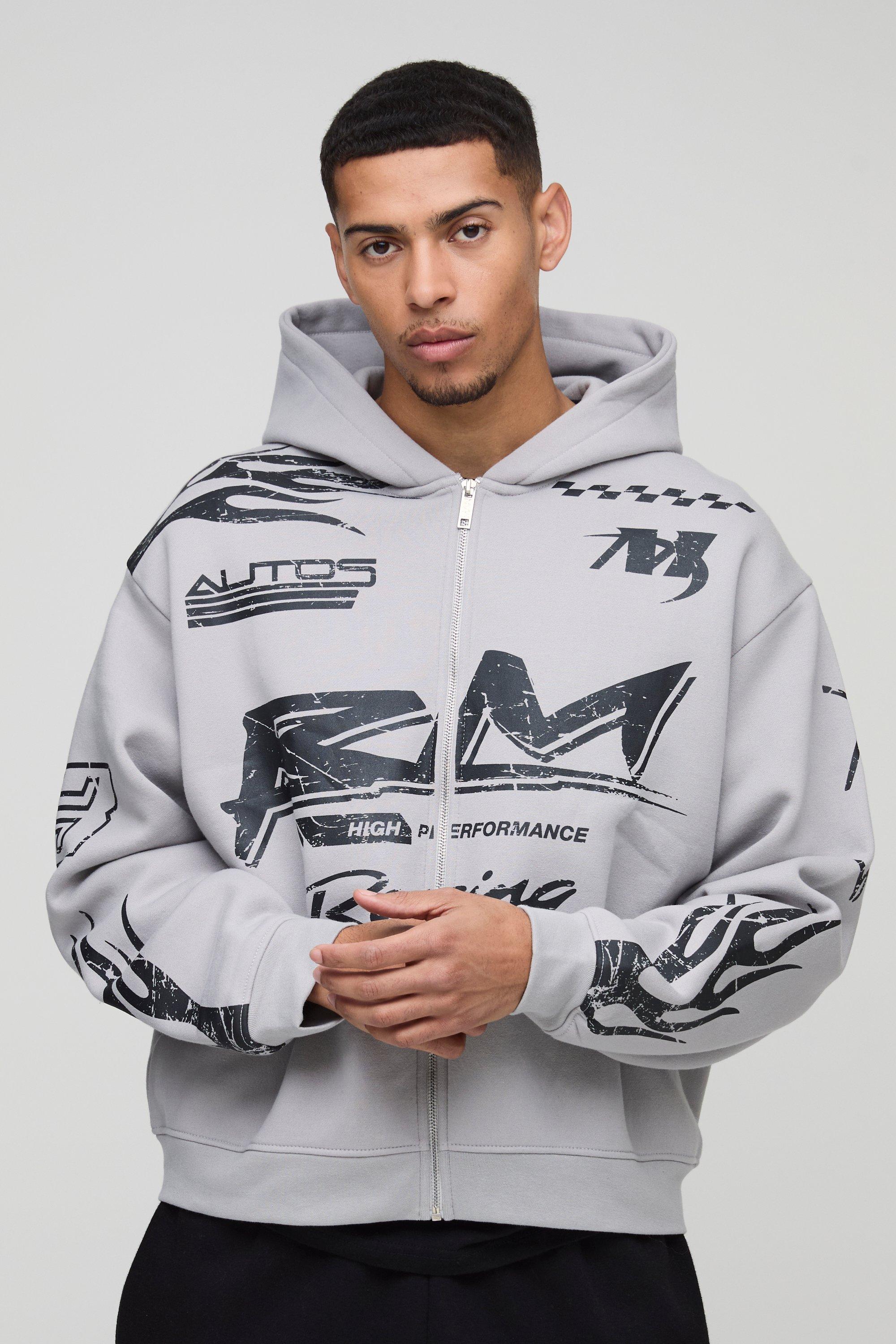 Oversized Boxy Moto Racing Flame Zip Through Hoodie | boohooMAN USA