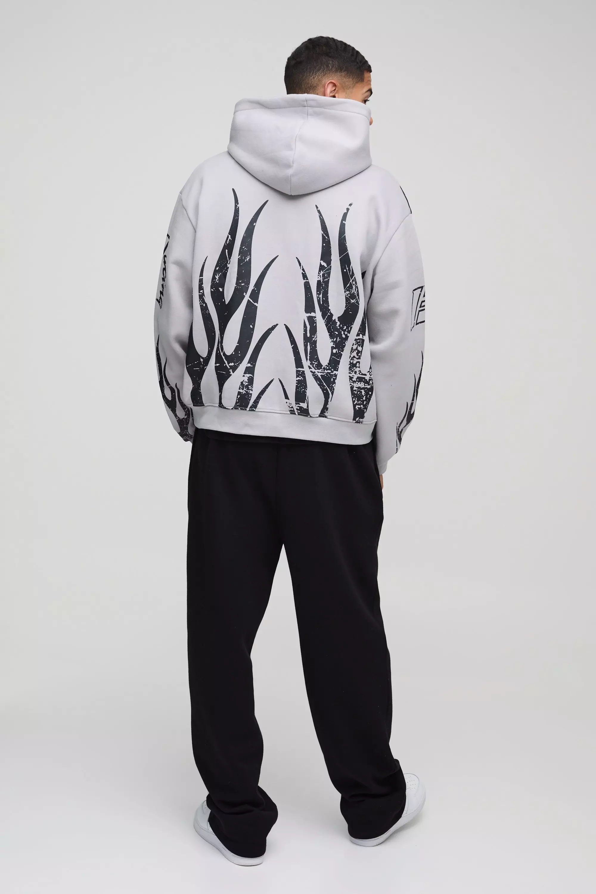 Oversized Boxy Moto Racing Flame Zip Through Hoodie