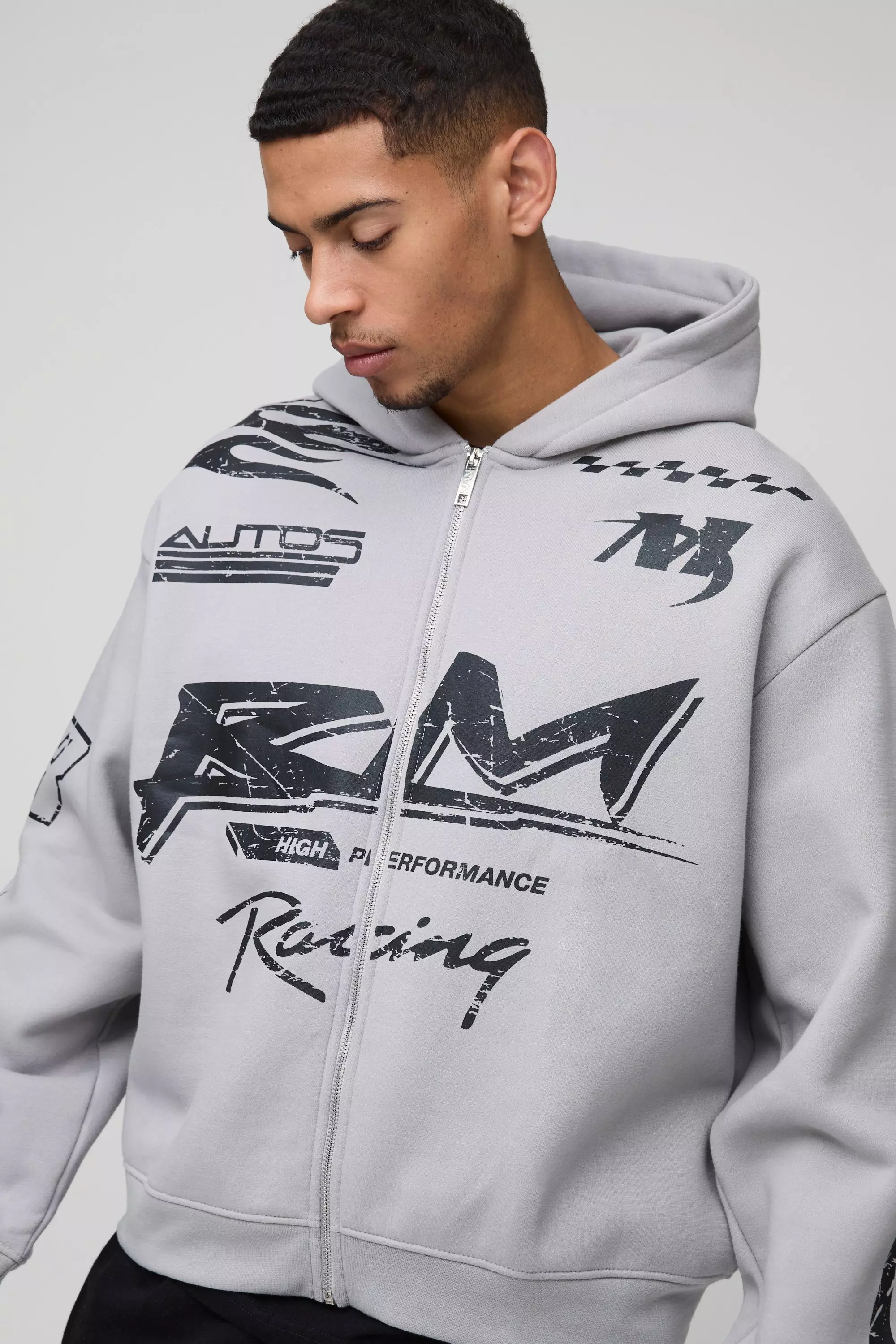 Oversized Boxy Moto Racing Flame Zip Through Hoodie | boohooMAN USA