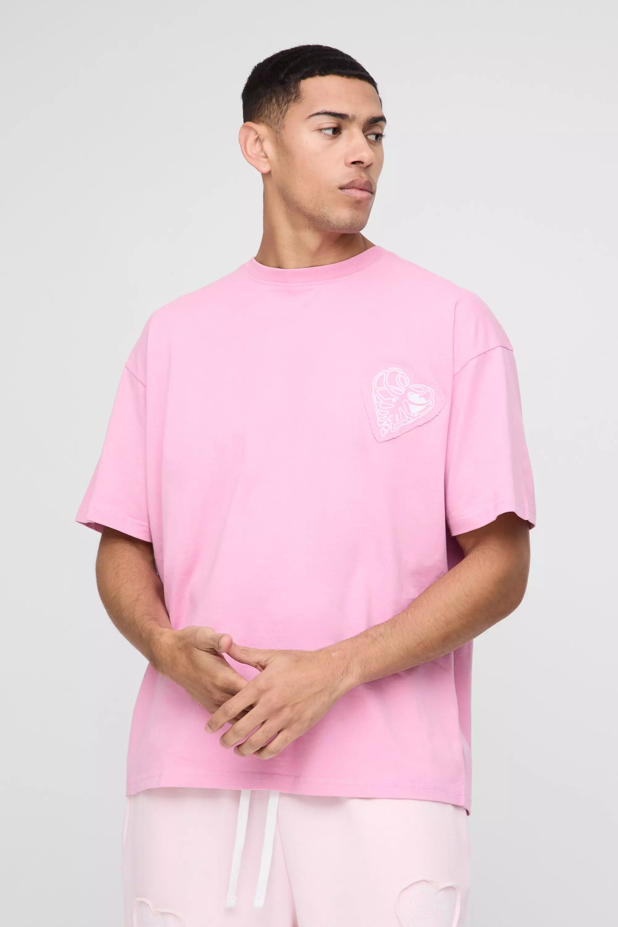 Oversized Heavyweight Hearts Applique T-Shirt Pink