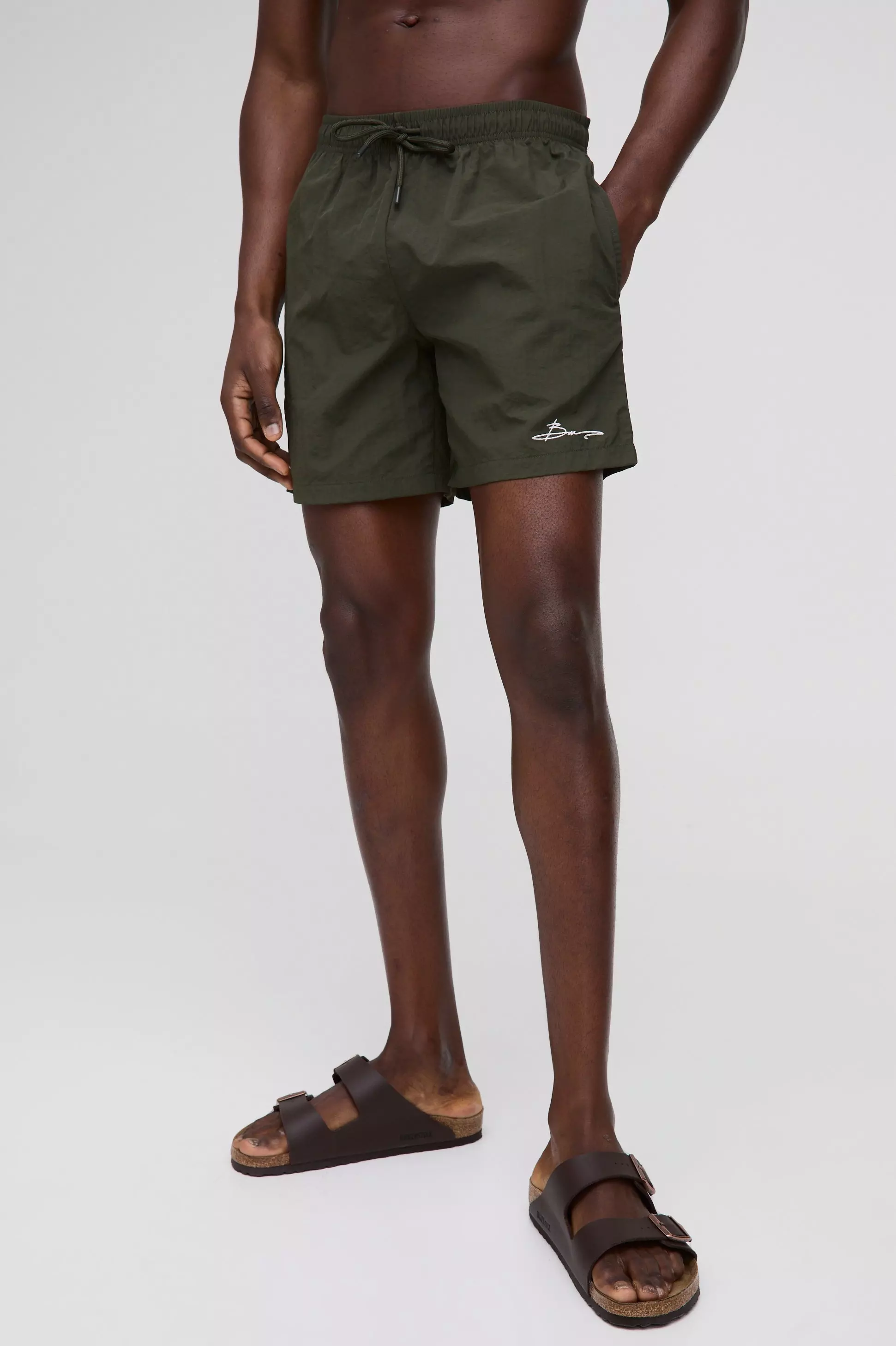 Elasticated Waist Relaxed Short Length Crinkle Nylon Embroidery Shorts Olive