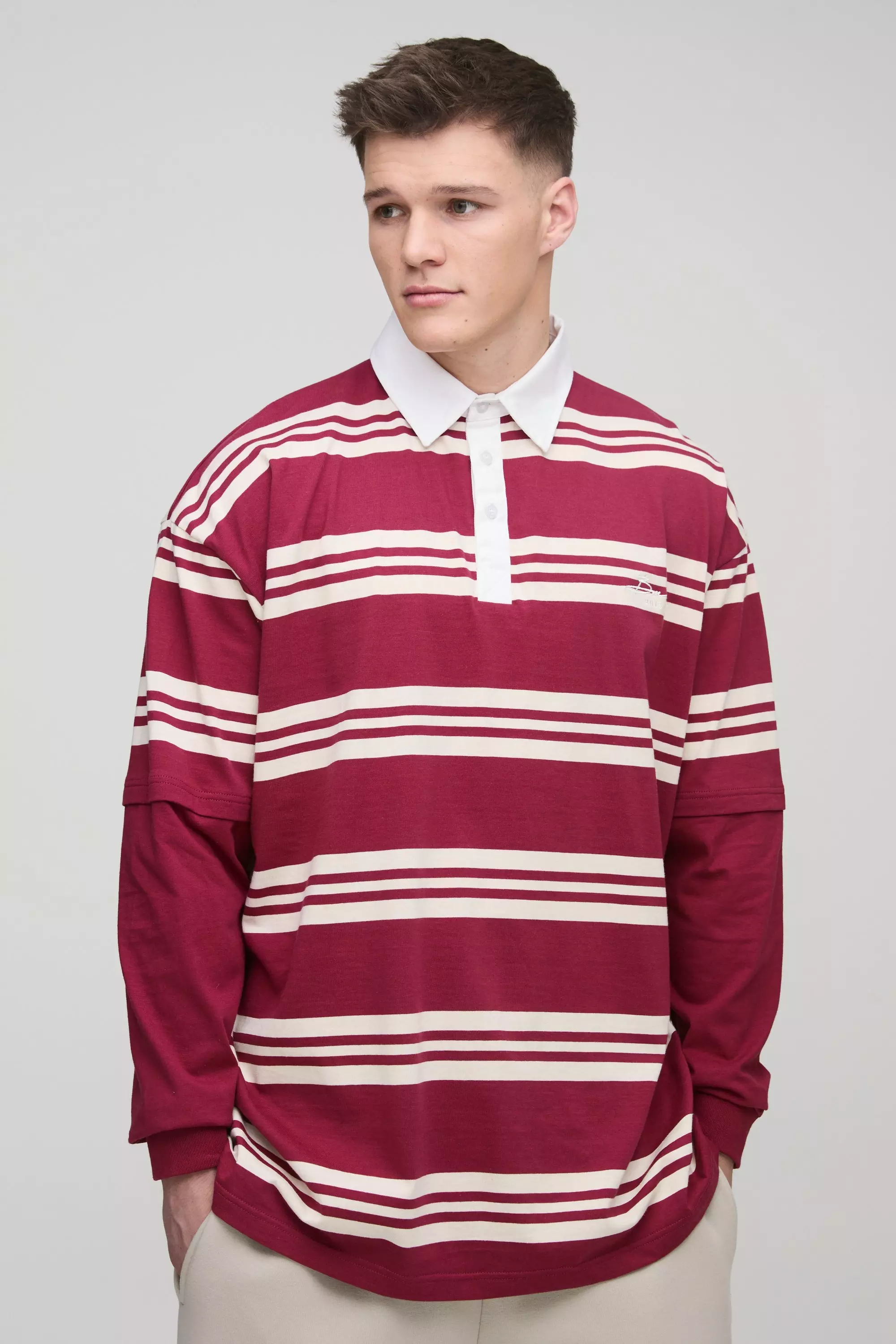 Burgundy Tall Oversized Embroidered Faux Layer Stripe Polo alternative image
