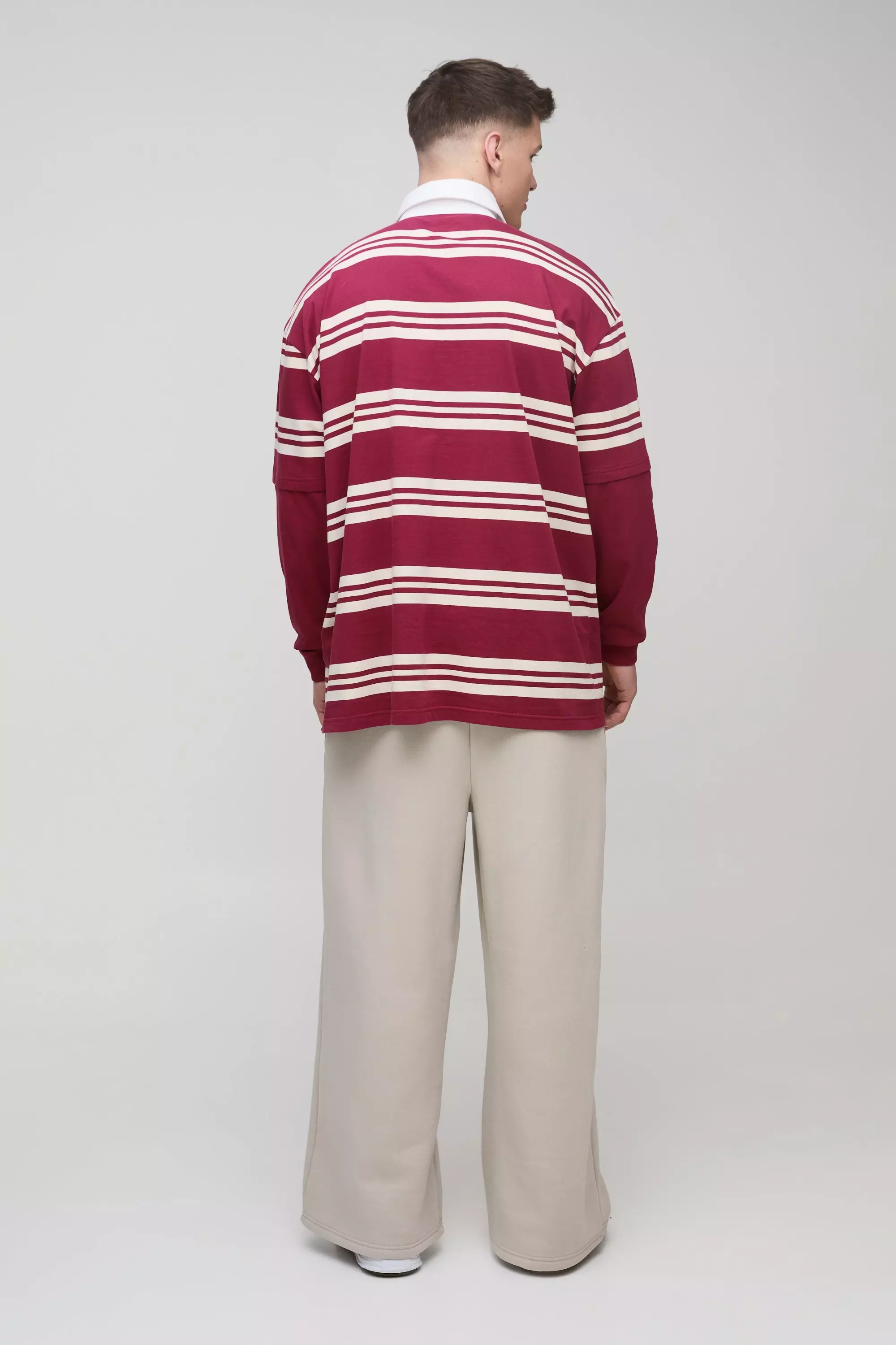 Burgundy Tall Oversized Embroidered Faux Layer Stripe Polo alternative image