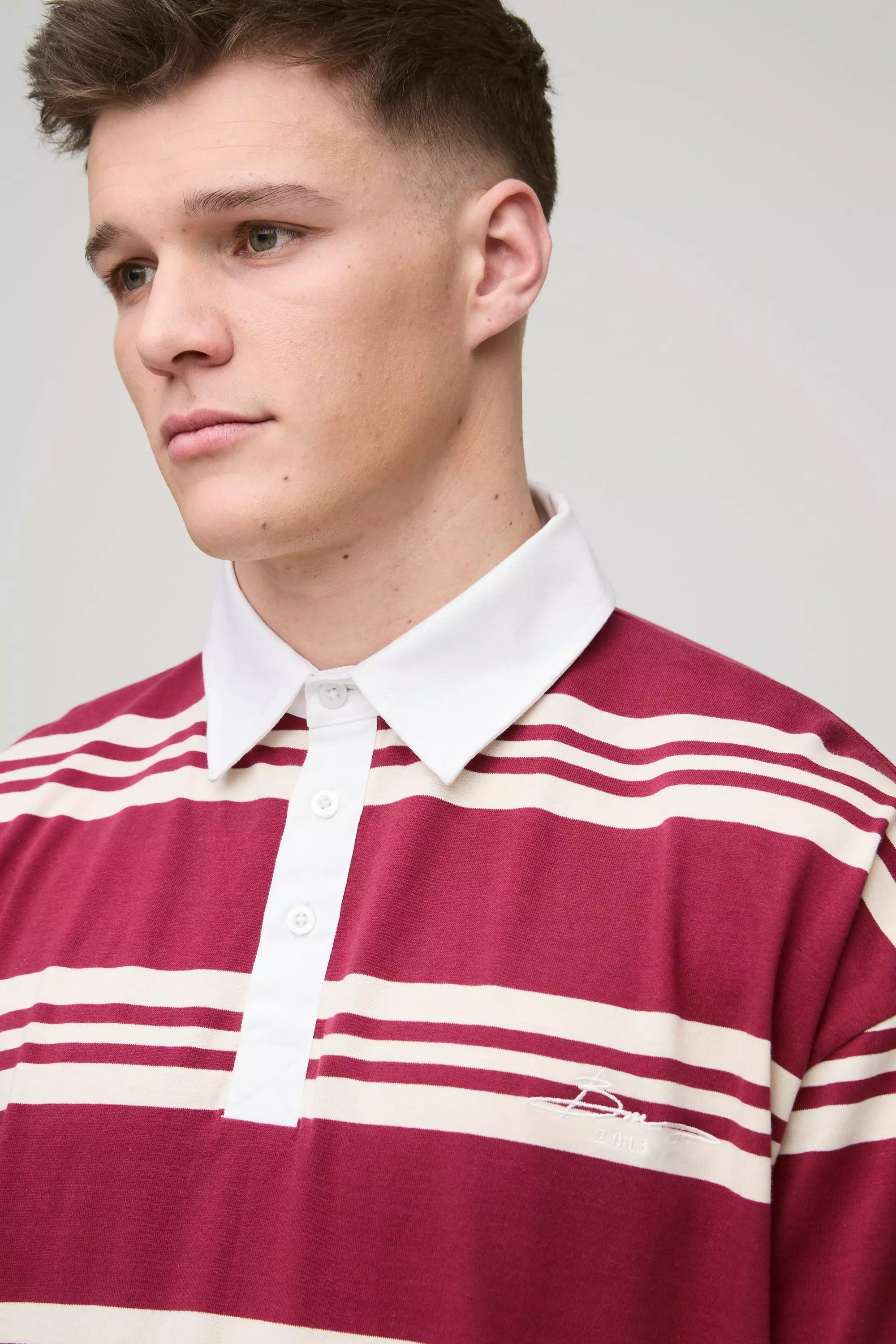 Burgundy Tall Oversized Embroidered Faux Layer Stripe Polo alternative image