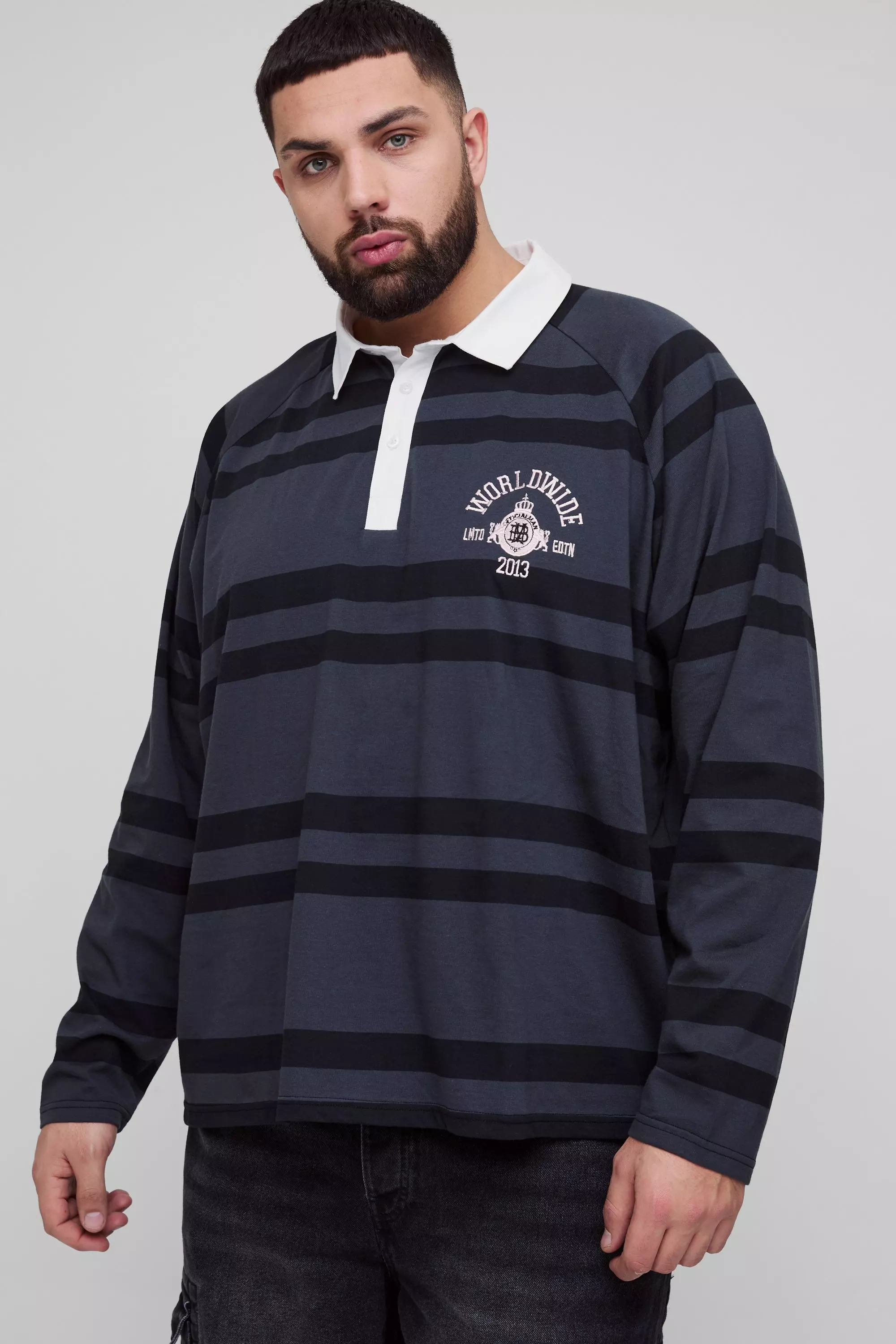 Plus Oversized Raglan Embroidered Rugby Shirt | boohooMAN USA