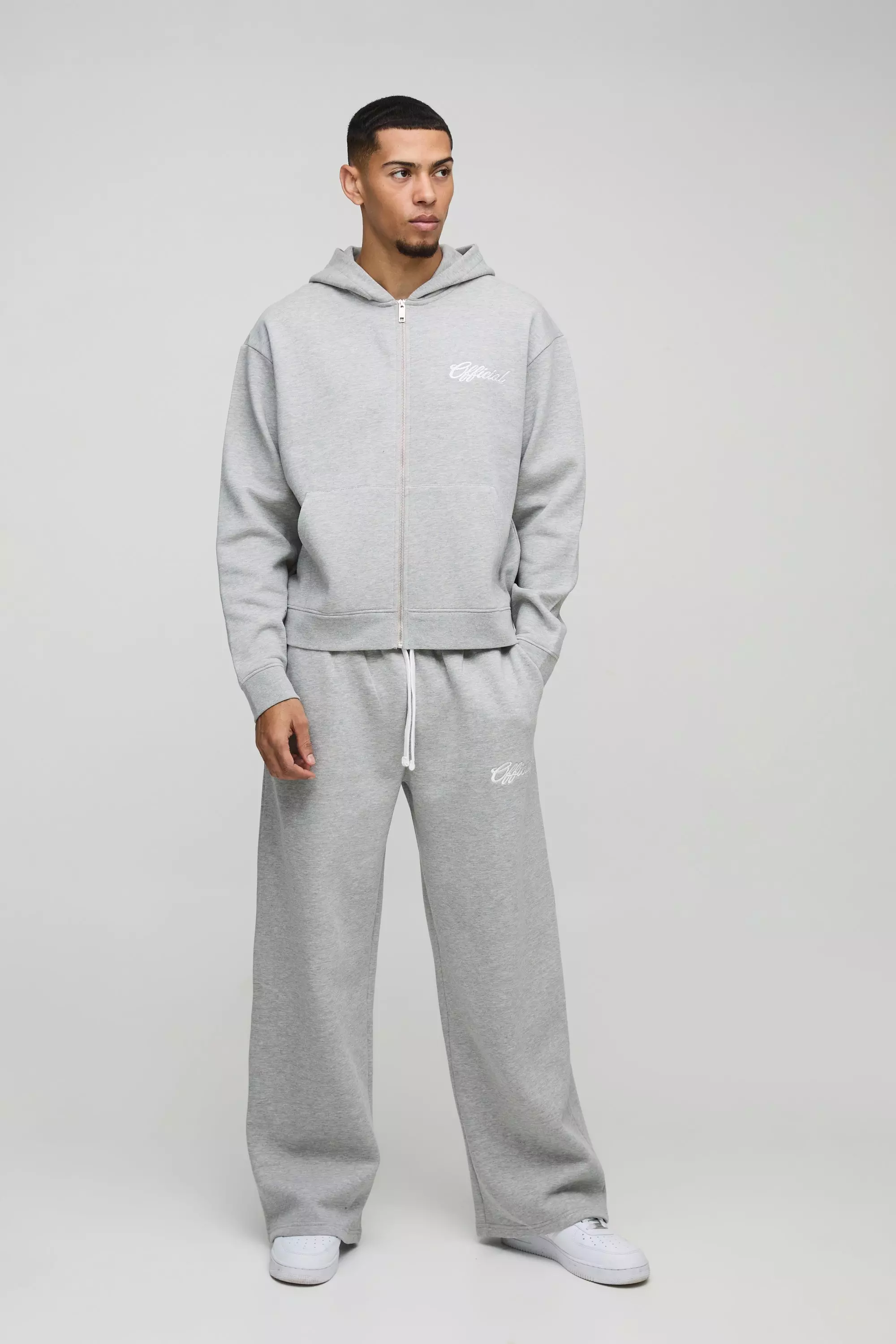 Oversized Boxy Official Embroidery Zip Through Tracksuit Grey marl