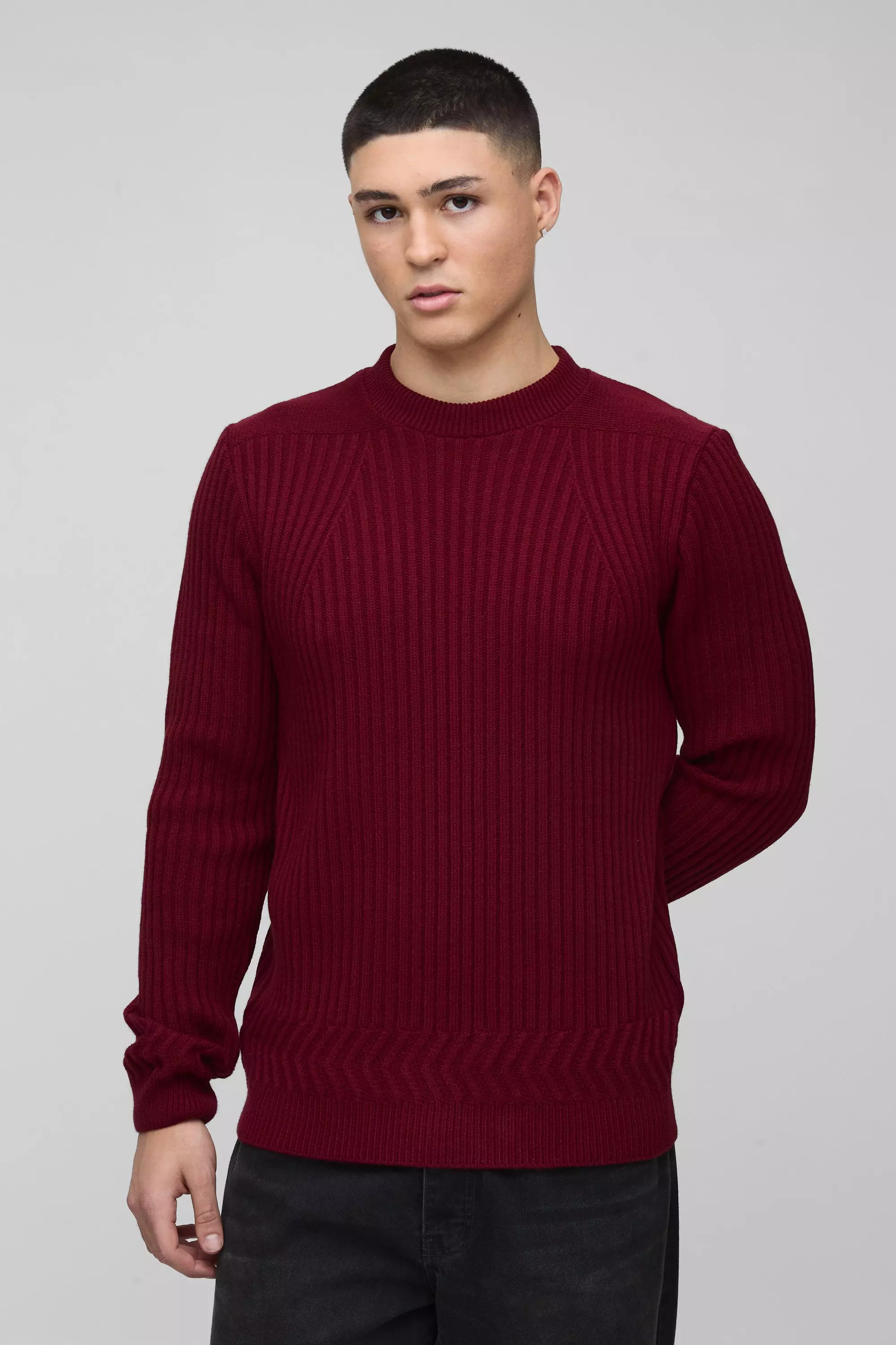 Regular Fit Plaited Hem Knitted Jumper Burgundy