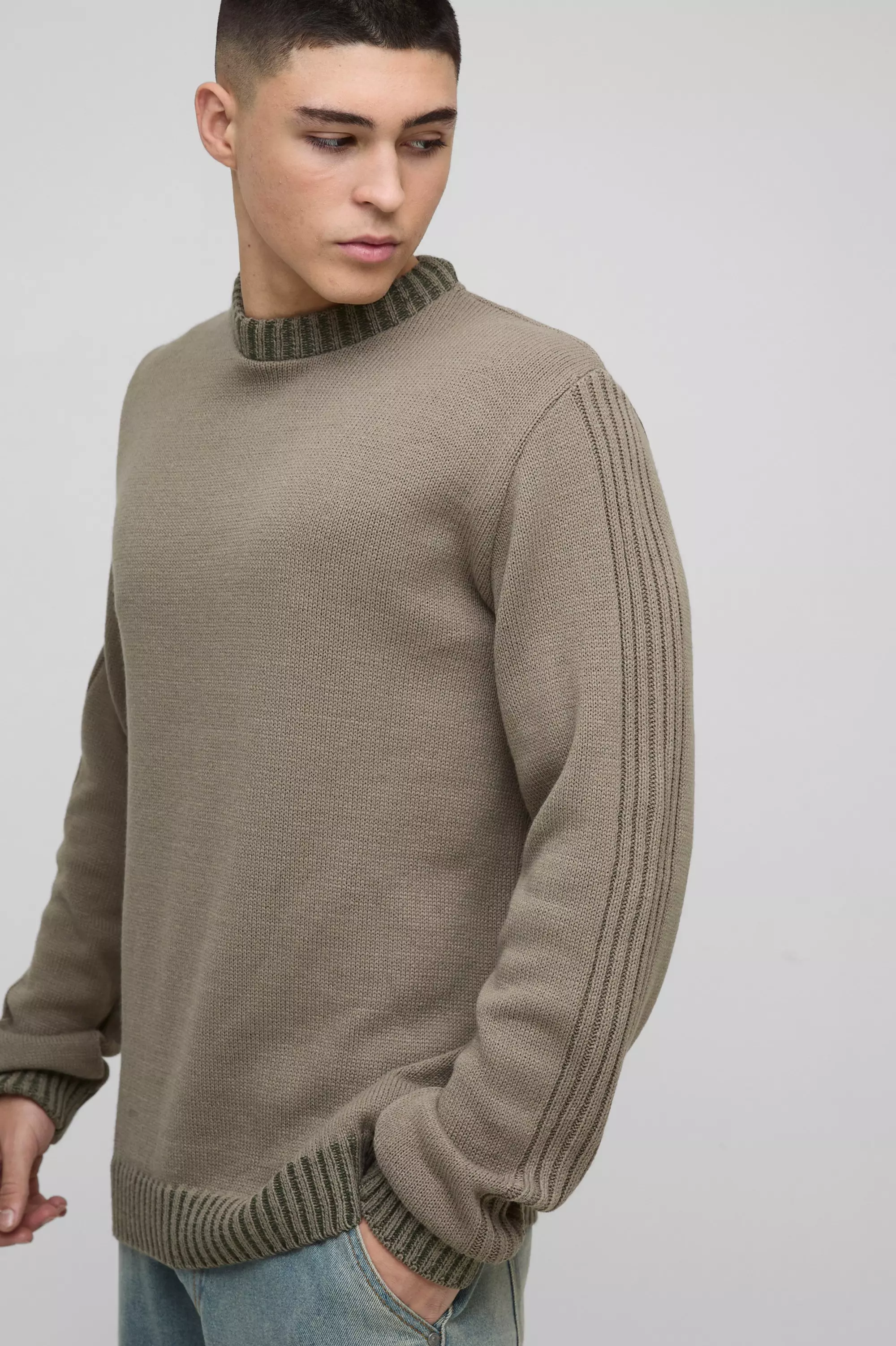 Regular Fit Contrast Rib Knit Sleeve Jumper Khaki