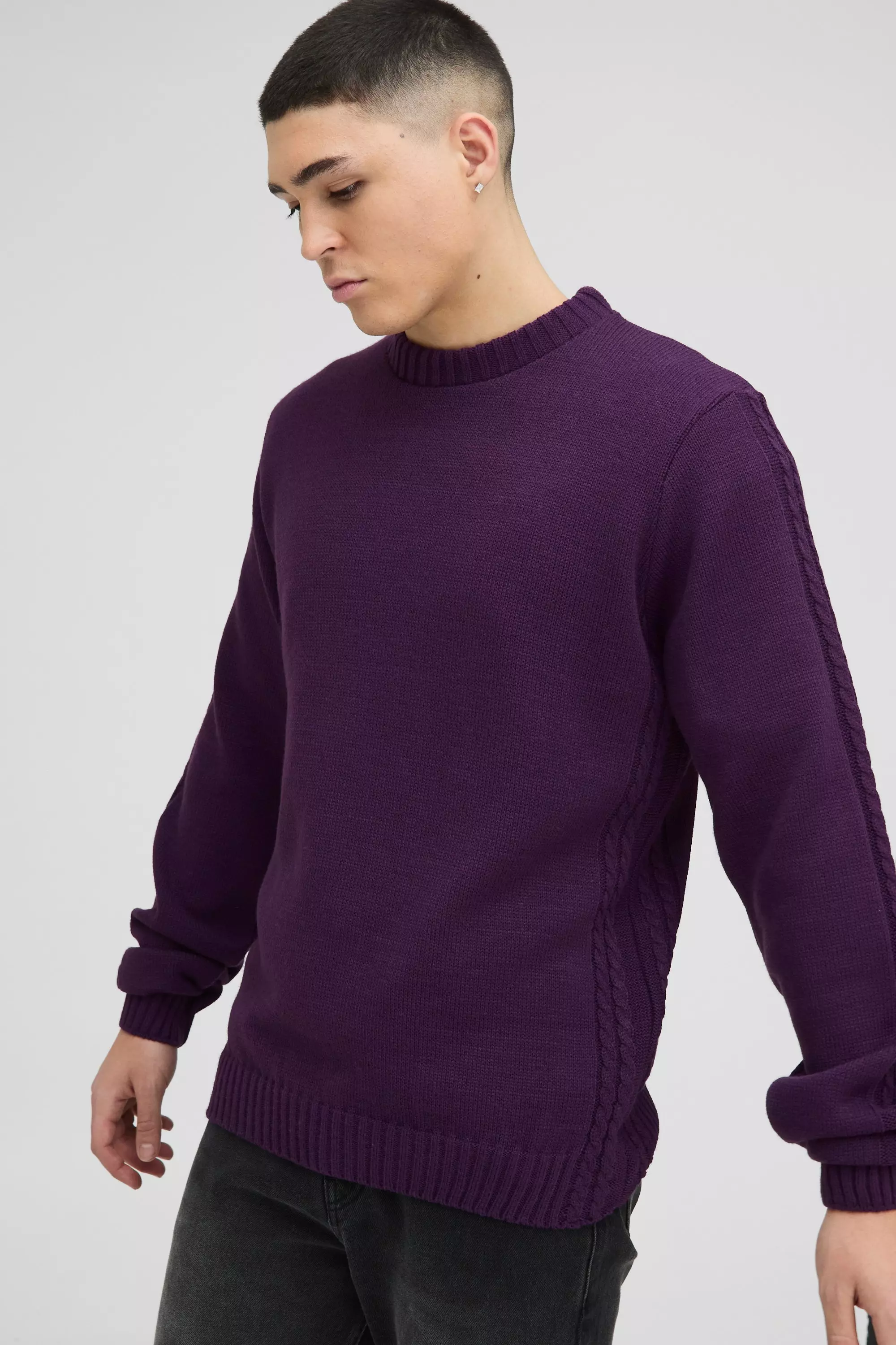 Regular Fit Cable Knit Seam and Hem Jumper Purple