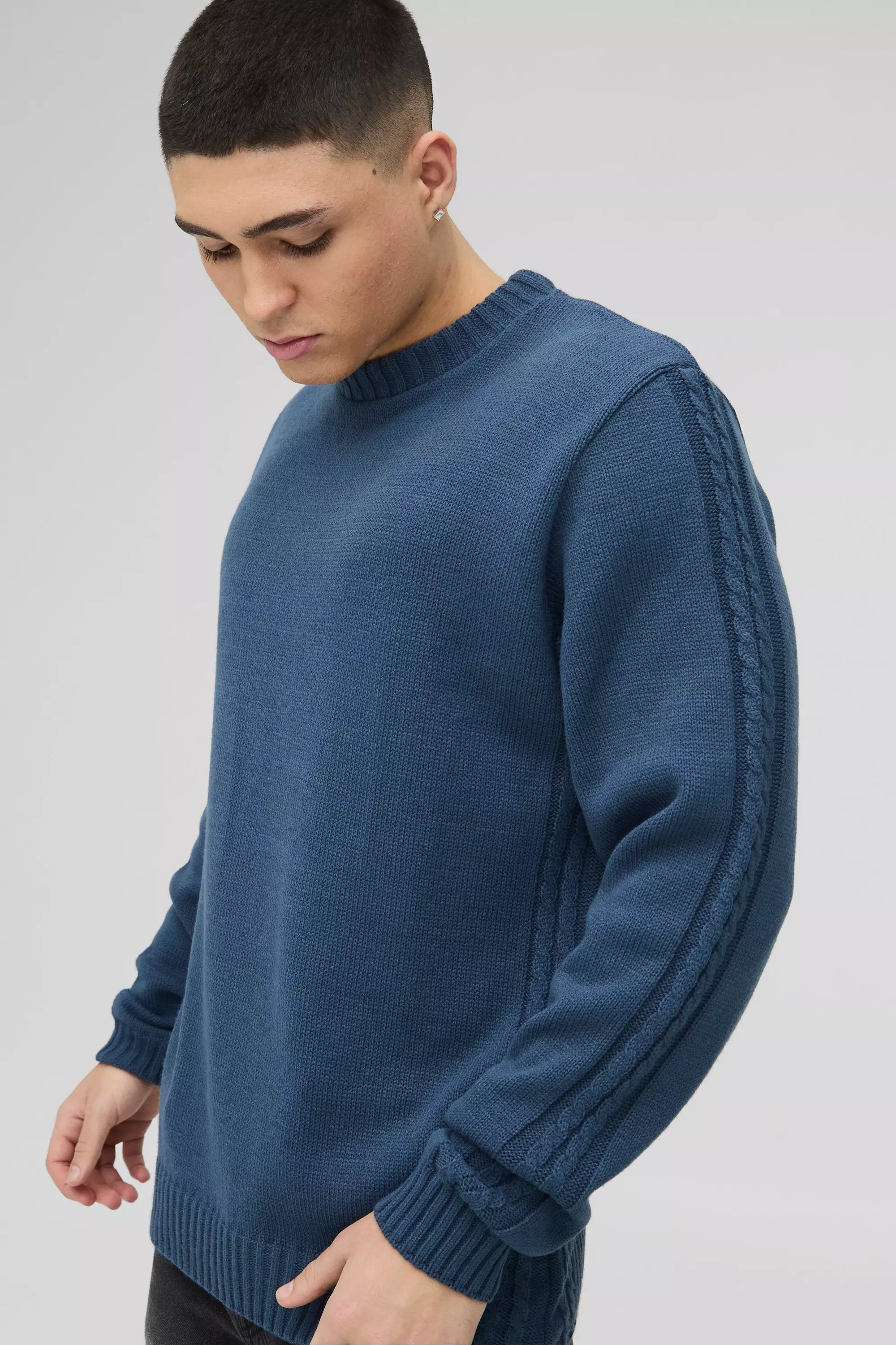 Regular Fit Cable Knit Seam and Hem Jumper slate blue