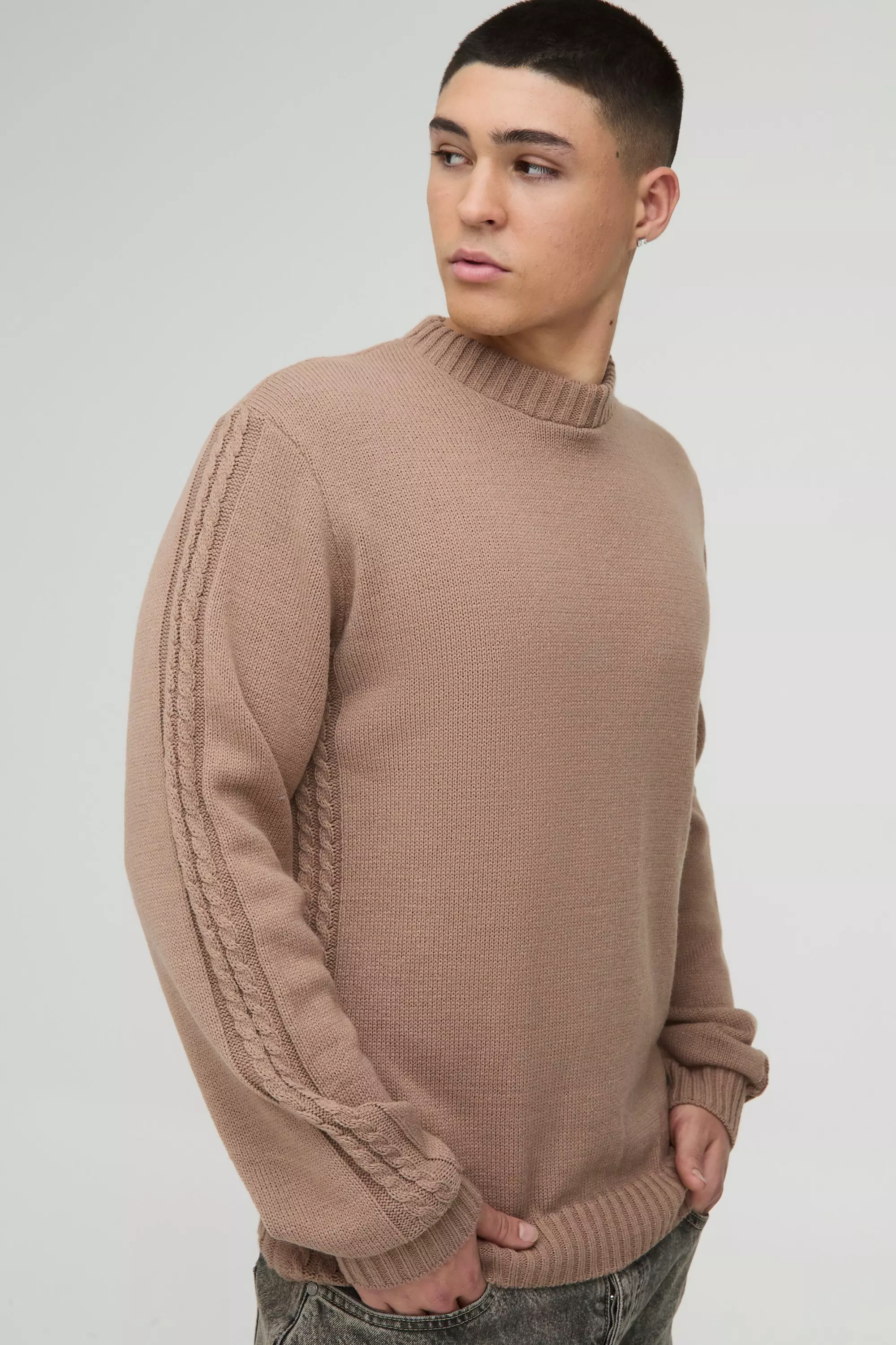 Regular Fit Cable Knit Seam and Hem Jumper Stone