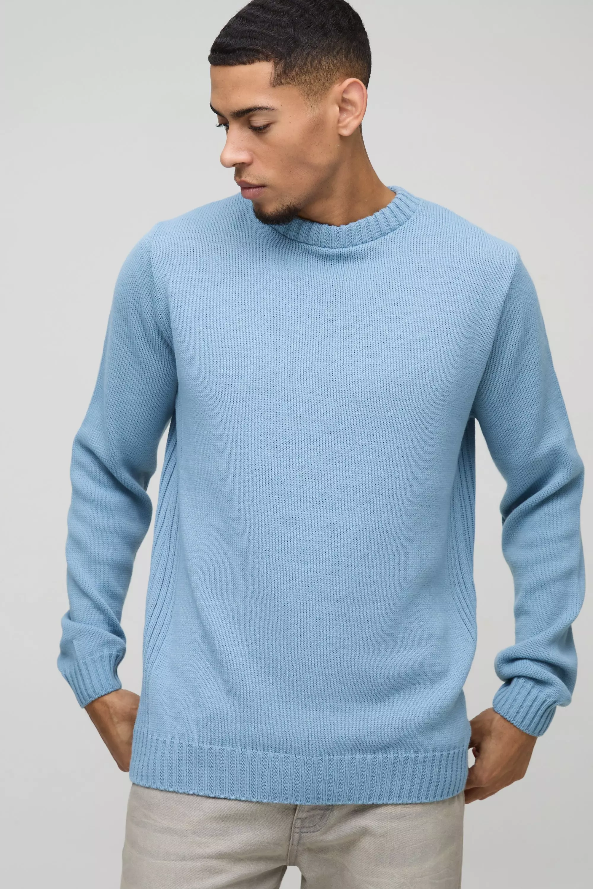 Regular Fit Ribbed Panel Crew Knitted Jumper Light blue