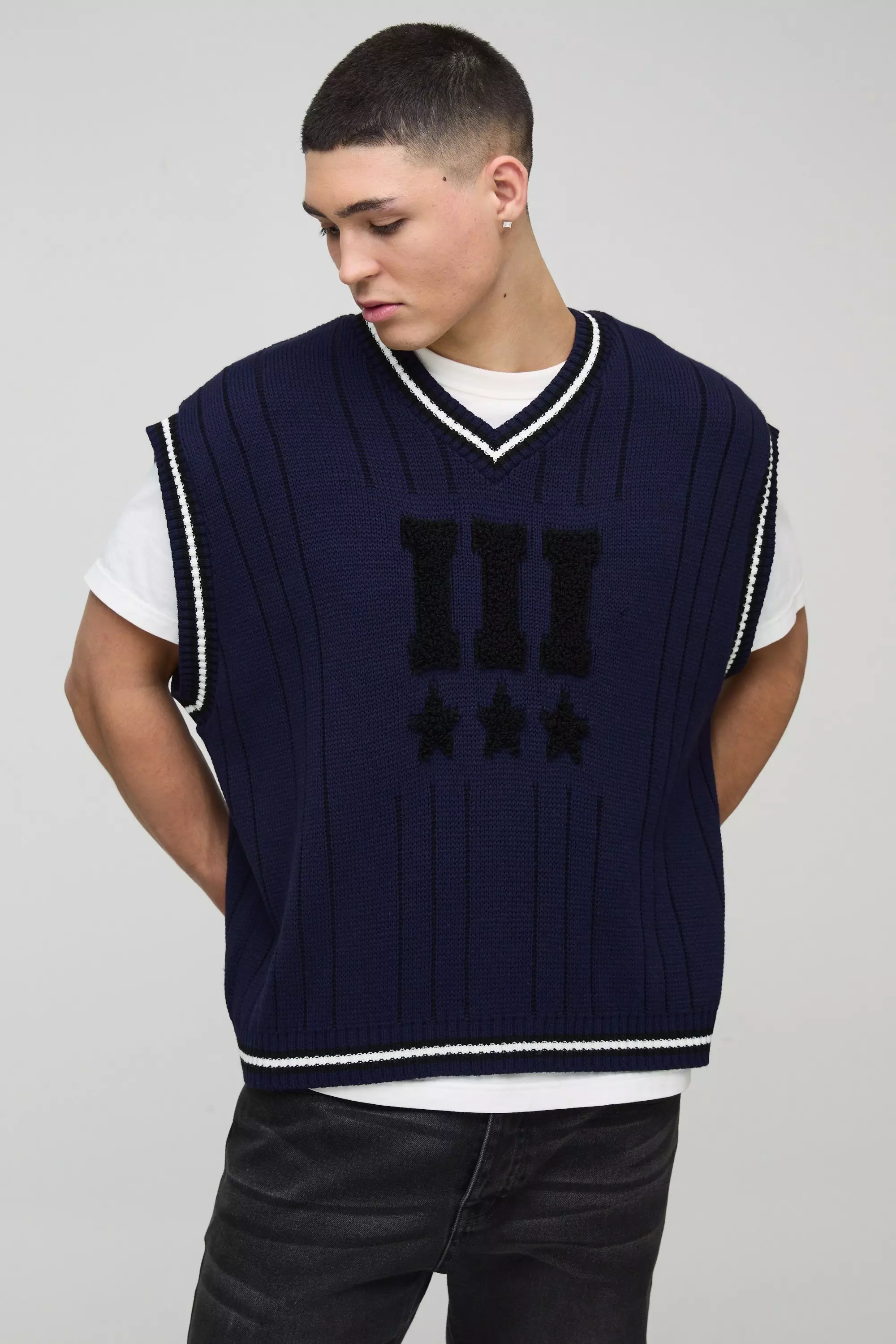 Navy Oversized V Neck Varsity Stripe Knitted Vest alternative image