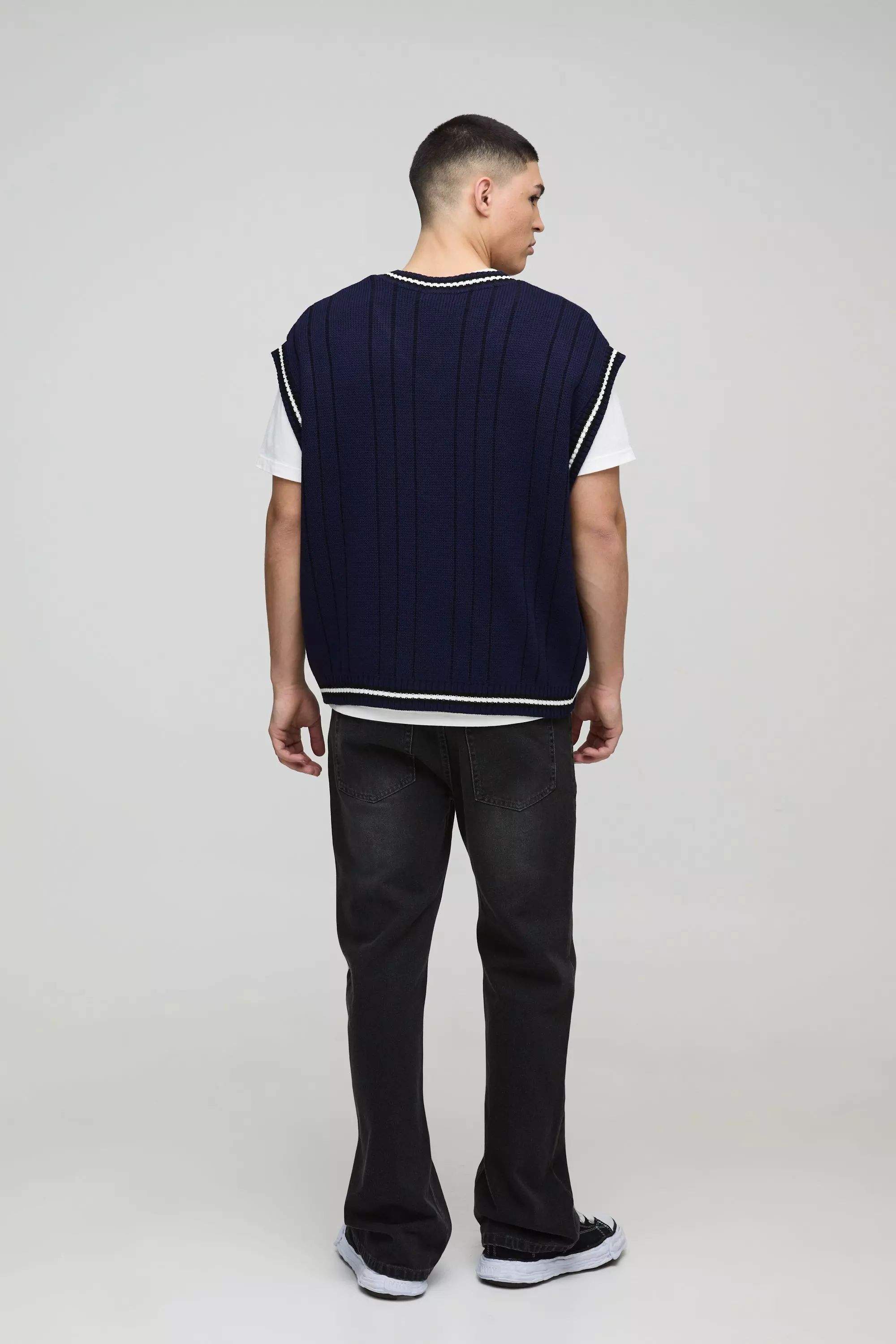 Navy Oversized V Neck Varsity Stripe Knitted Vest alternative image