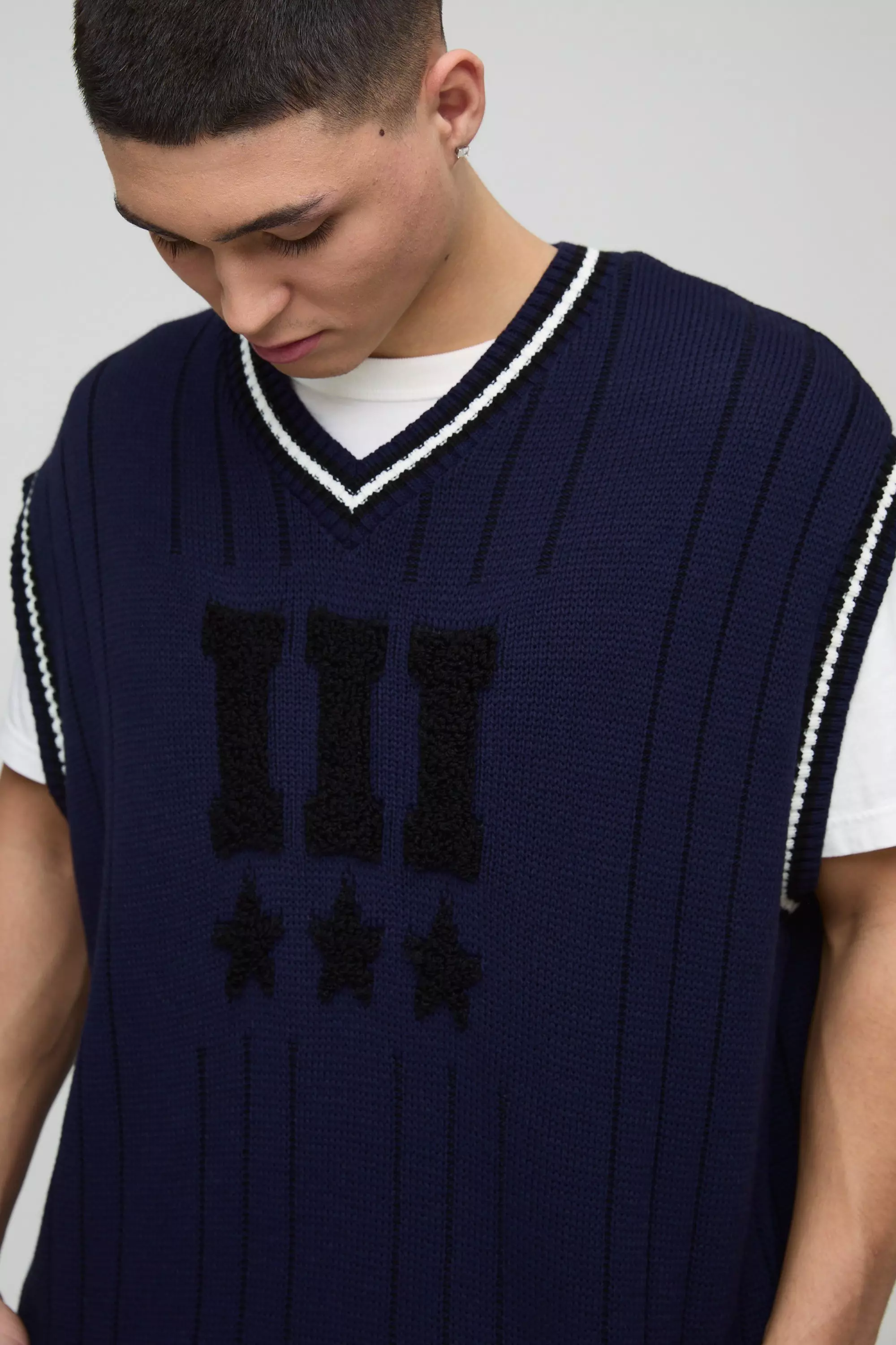 Navy Oversized V Neck Varsity Stripe Knitted Vest alternative image