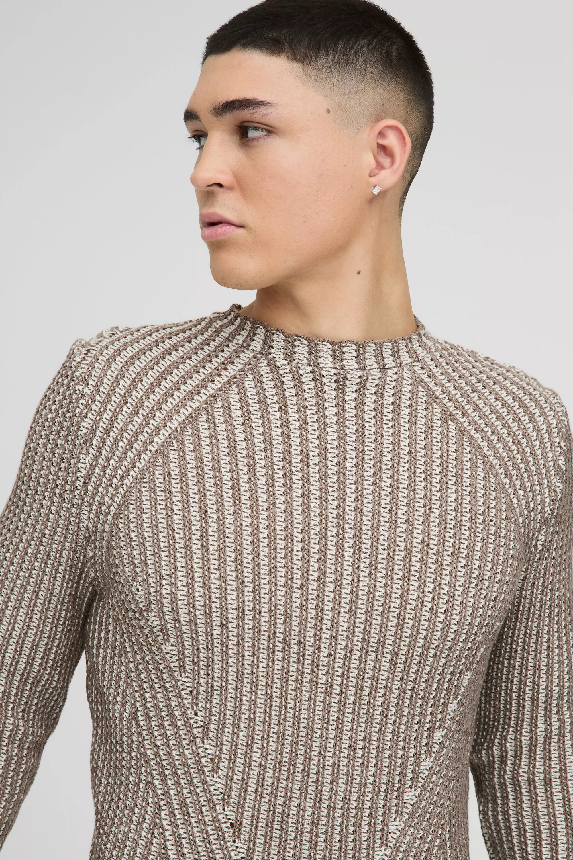 Muscle Fit Two Tone Raglan Ribbed Knitted Sweater