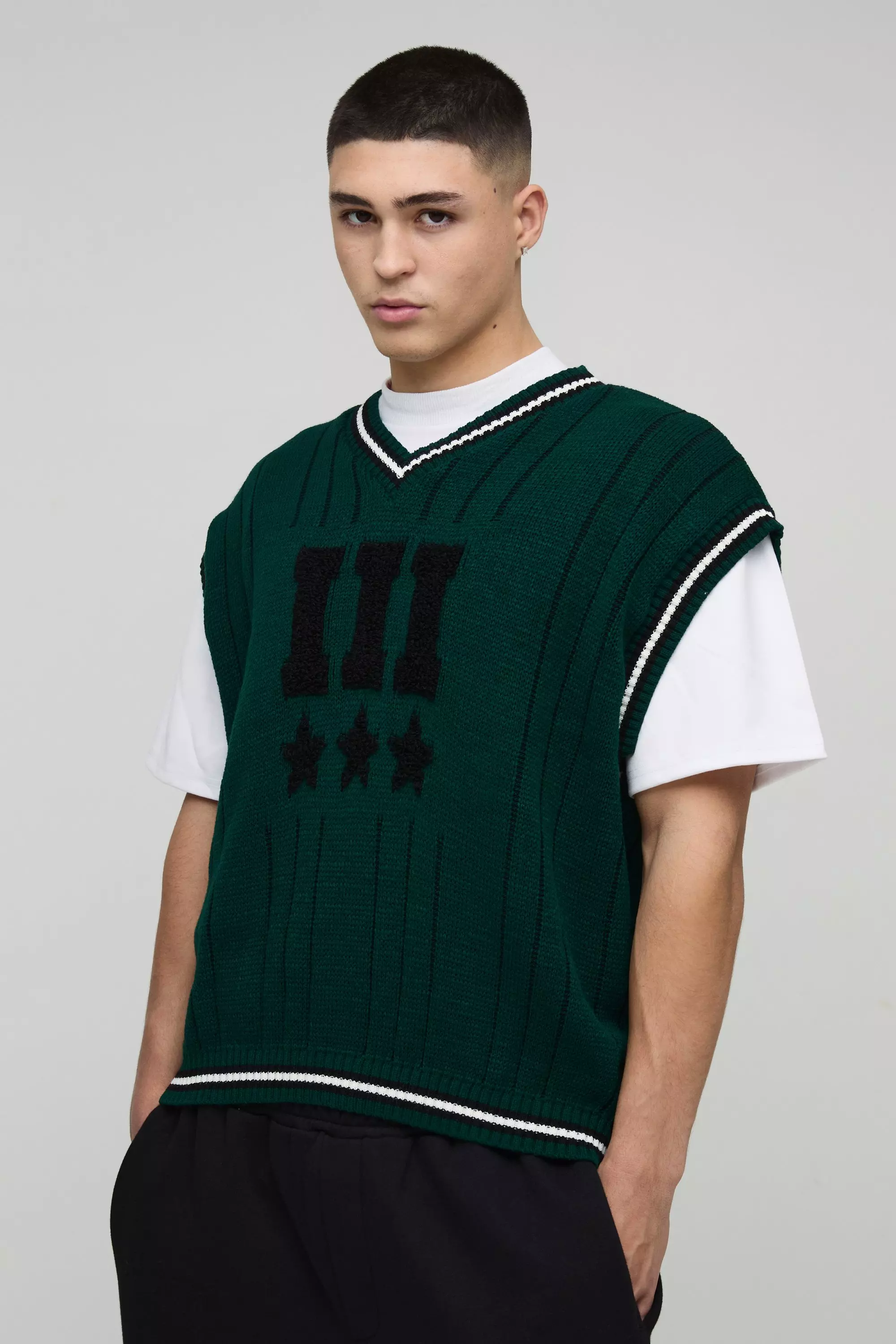 Forest Oversized V Neck Varsity Stripe Knitted Vest alternative image