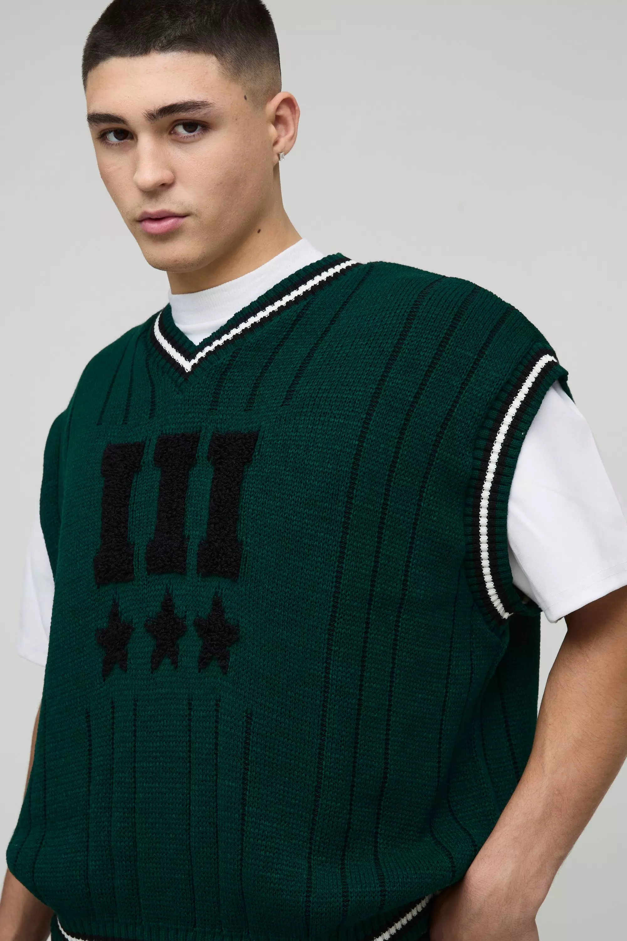 Forest Oversized V Neck Varsity Stripe Knitted Vest alternative image