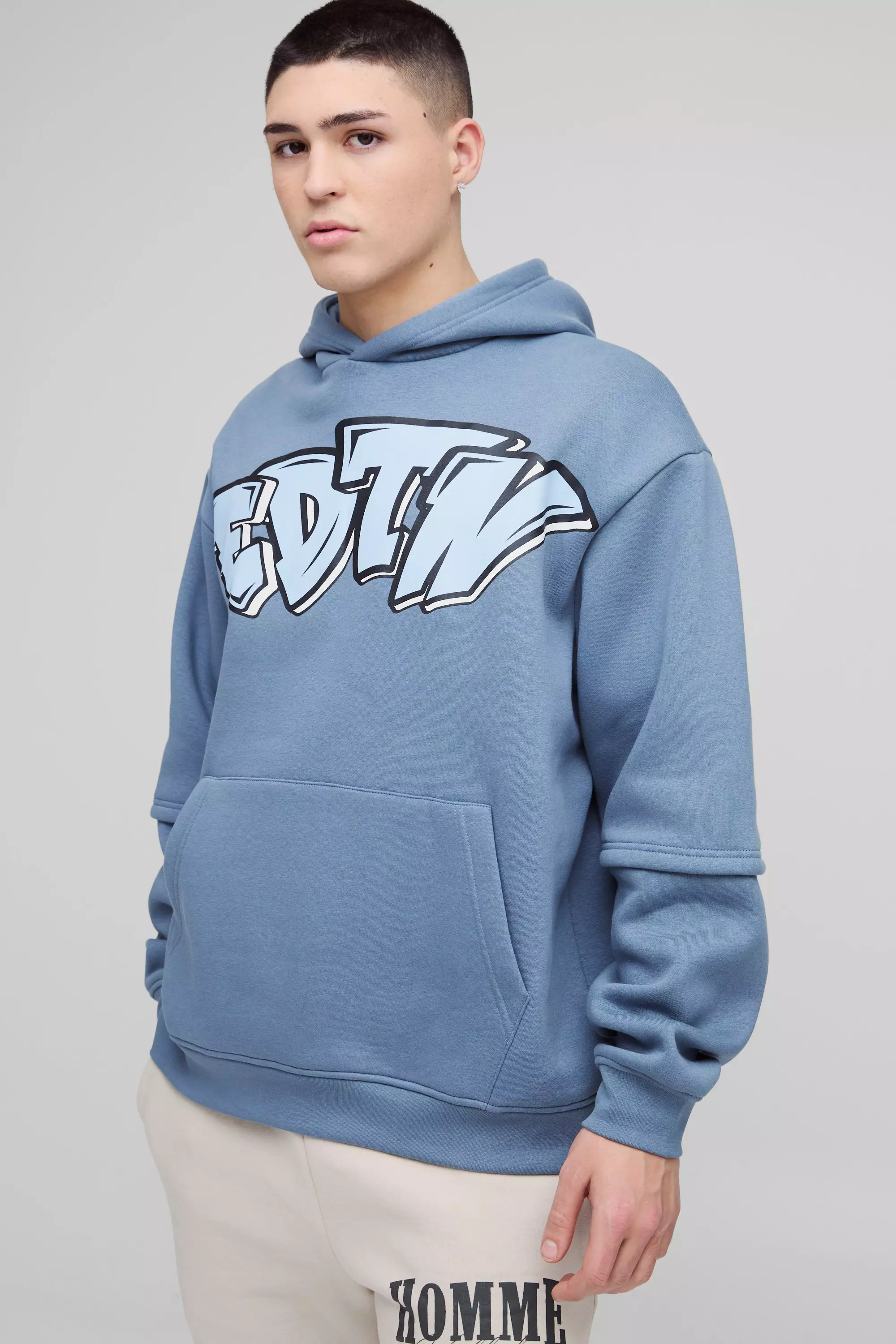 Oversized Edition Graffiti Print Hoodie slate blue