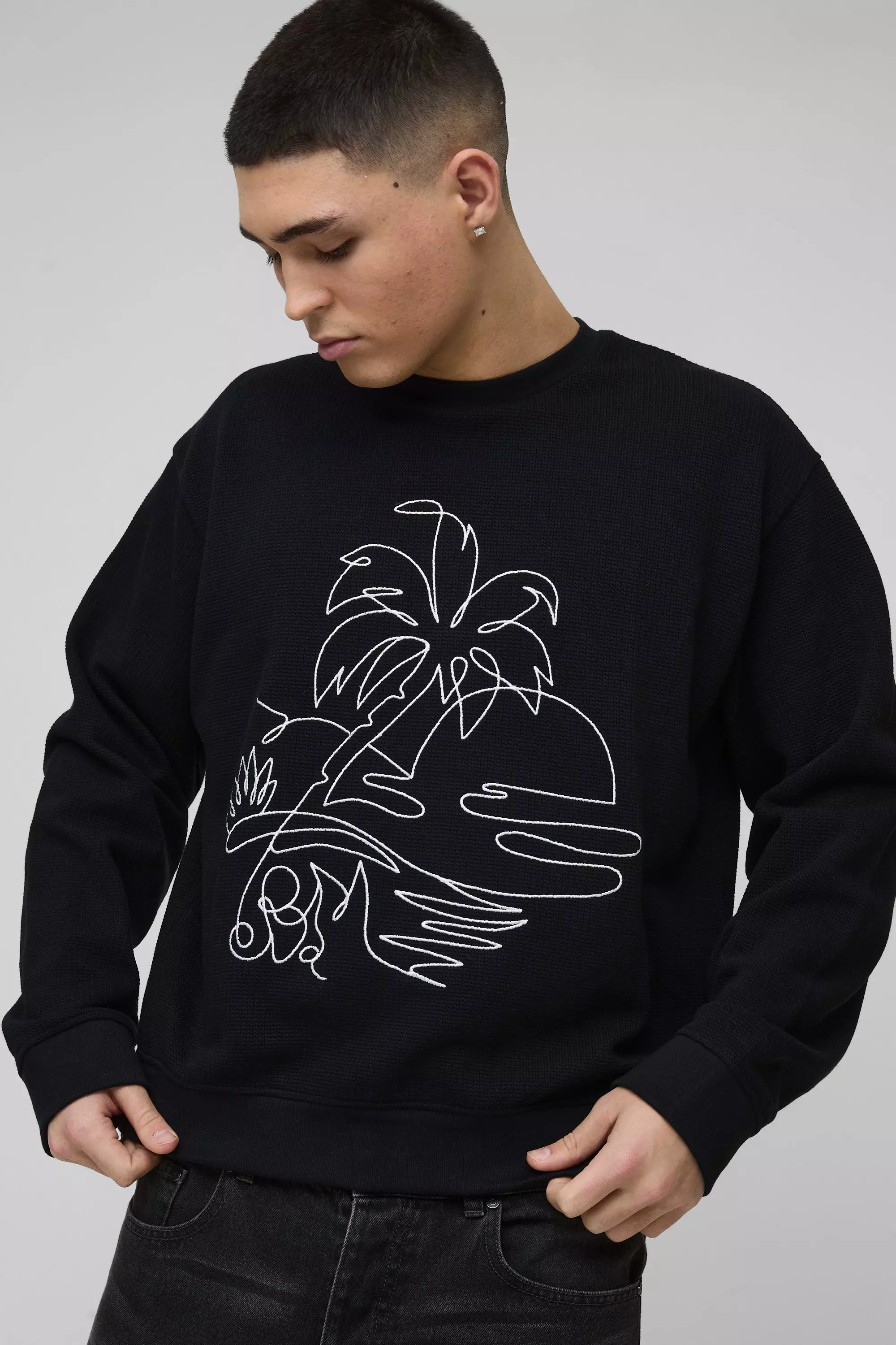 Felpa Squadrata Oversize Con Ricami A Nido D’Ape, Black immagine alternativa