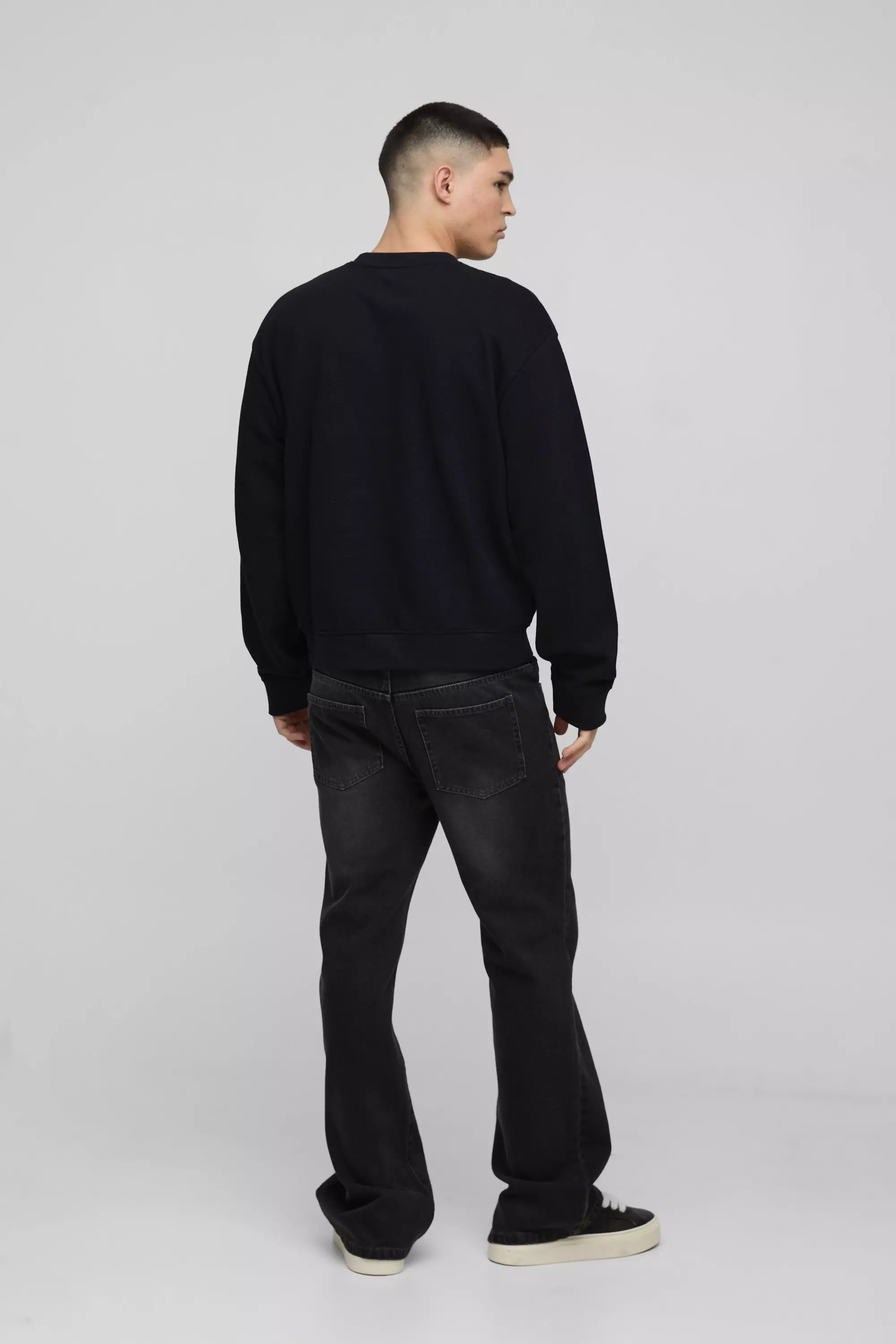 Felpa Squadrata Oversize Con Ricami A Nido D’Ape, Black immagine alternativa