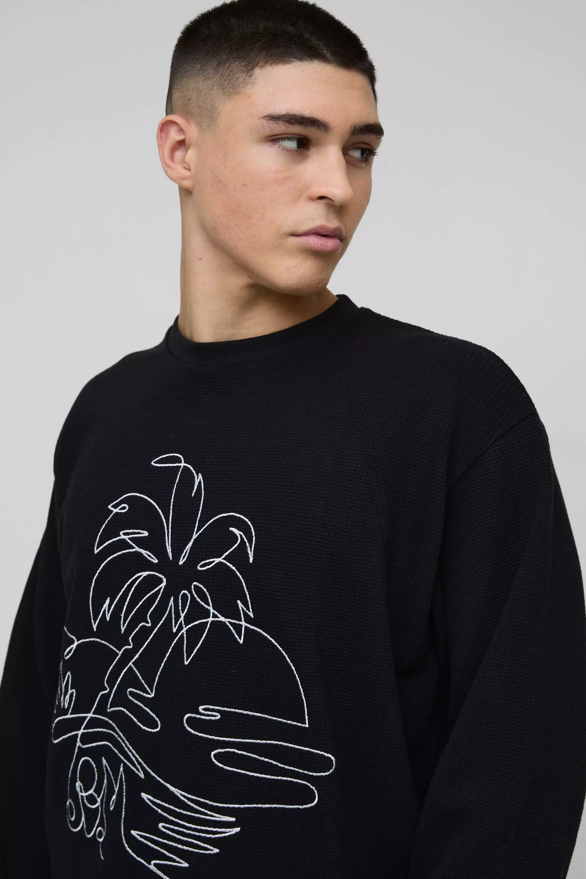 Felpa Squadrata Oversize Con Ricami A Nido D’Ape, Black immagine alternativa