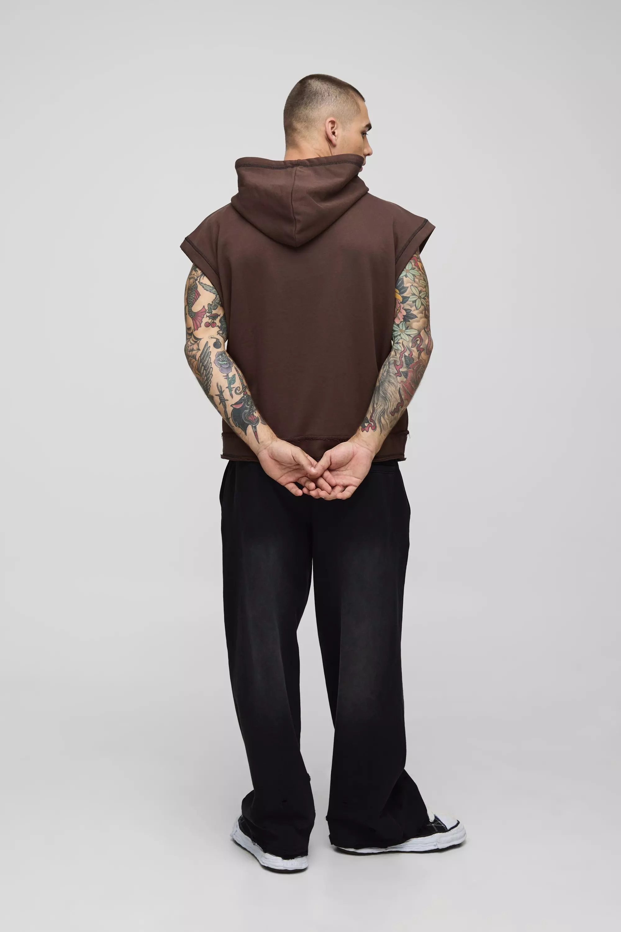 Oversized Boxy Sleeveless Raw Edge Loopback Hoodie