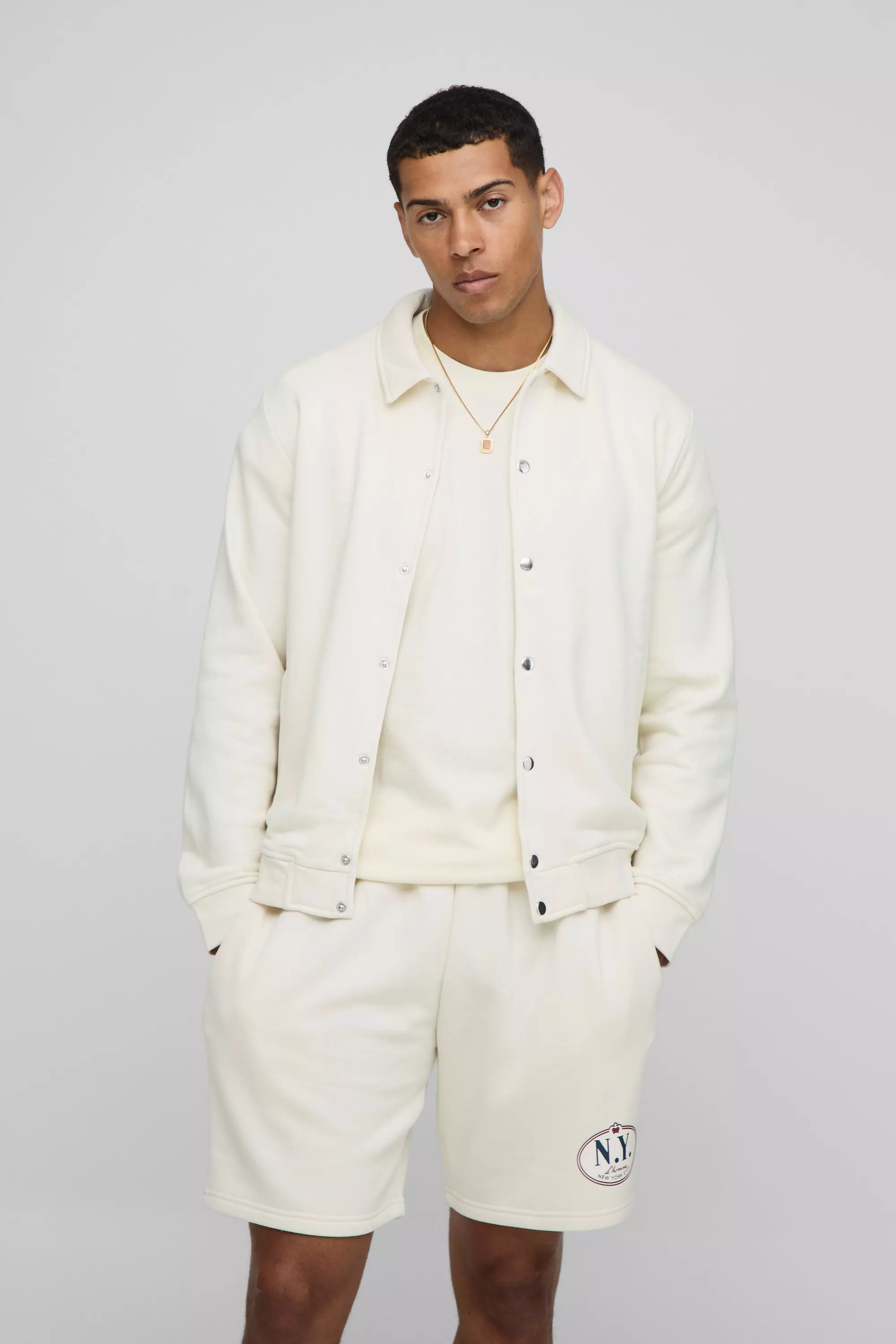 Regular Fit Popper Collar Harrington Jacket Ecru
