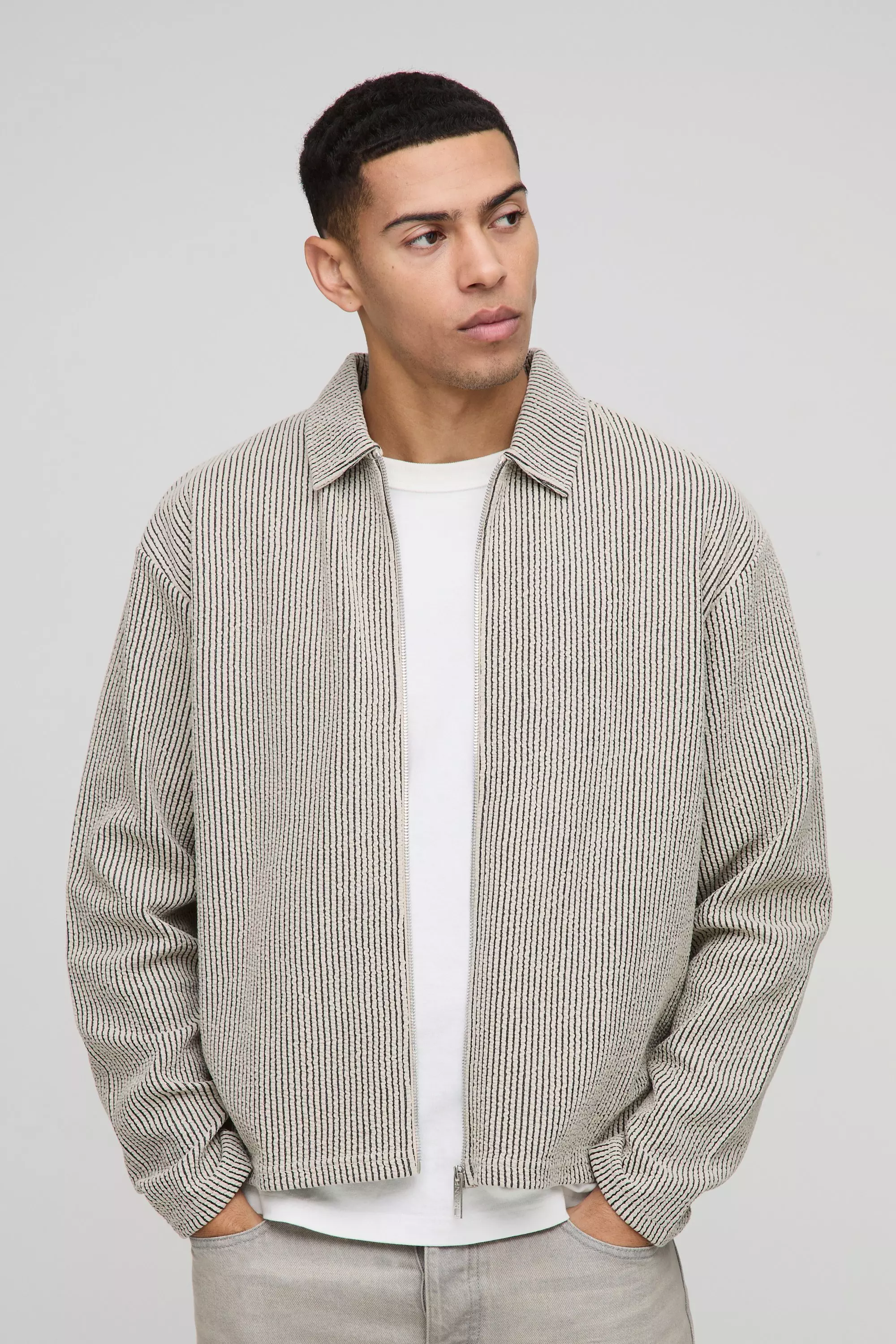 Taupe Oversized Boxy Jacquard Rib Harrington Jacket alternative image