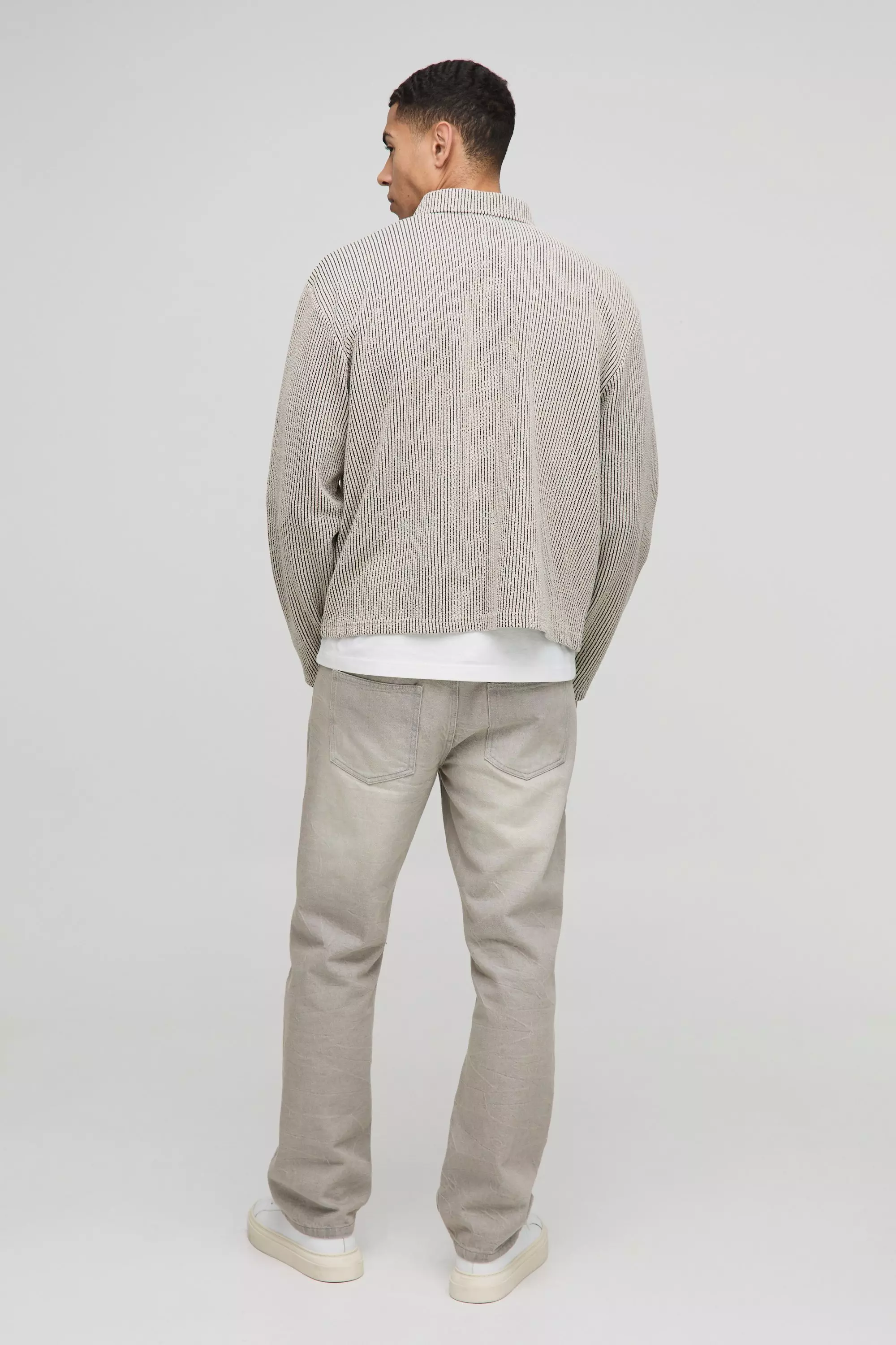 Taupe Oversized Boxy Jacquard Rib Harrington Jacket alternative image