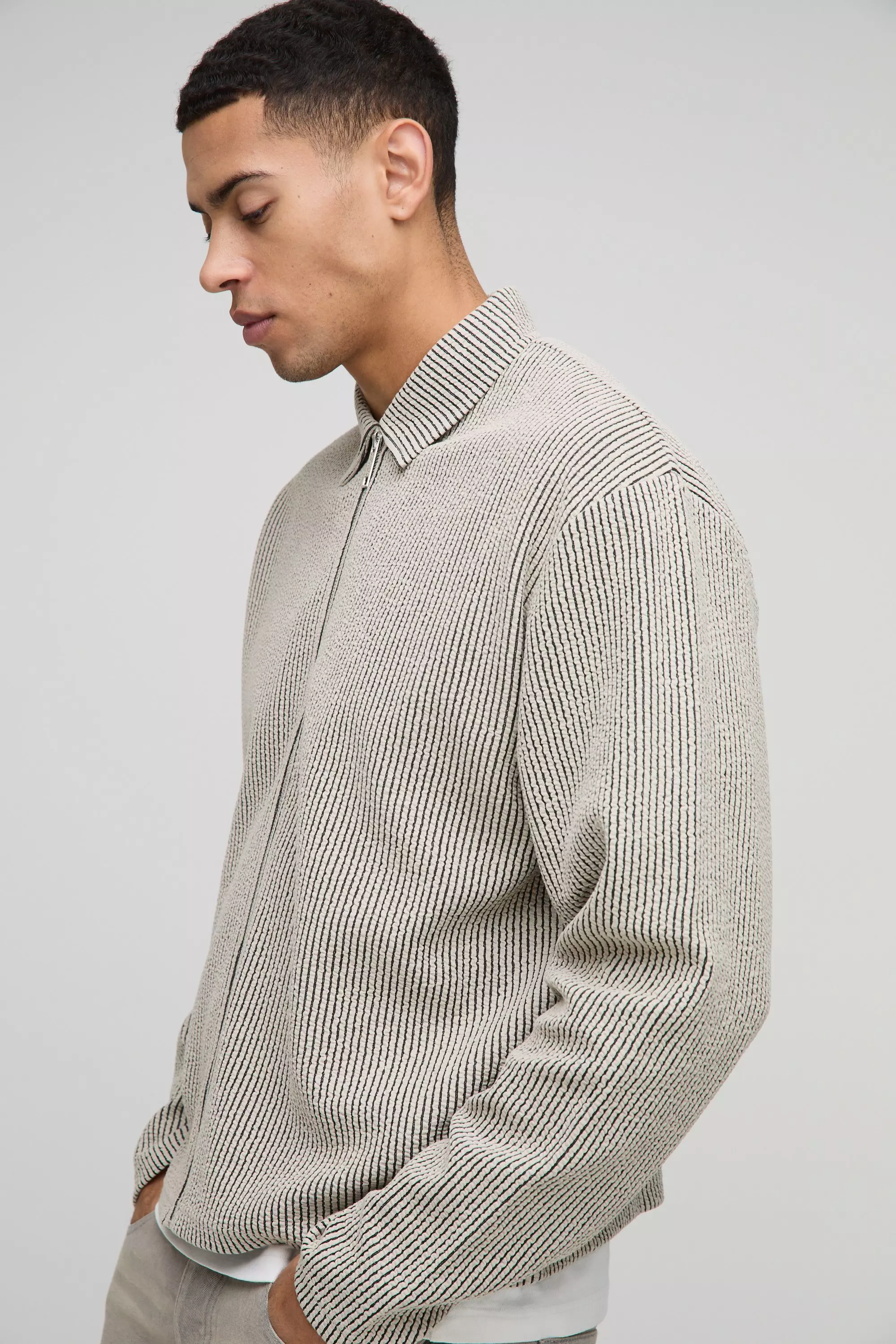 Taupe Oversized Boxy Jacquard Rib Harrington Jacket alternative image