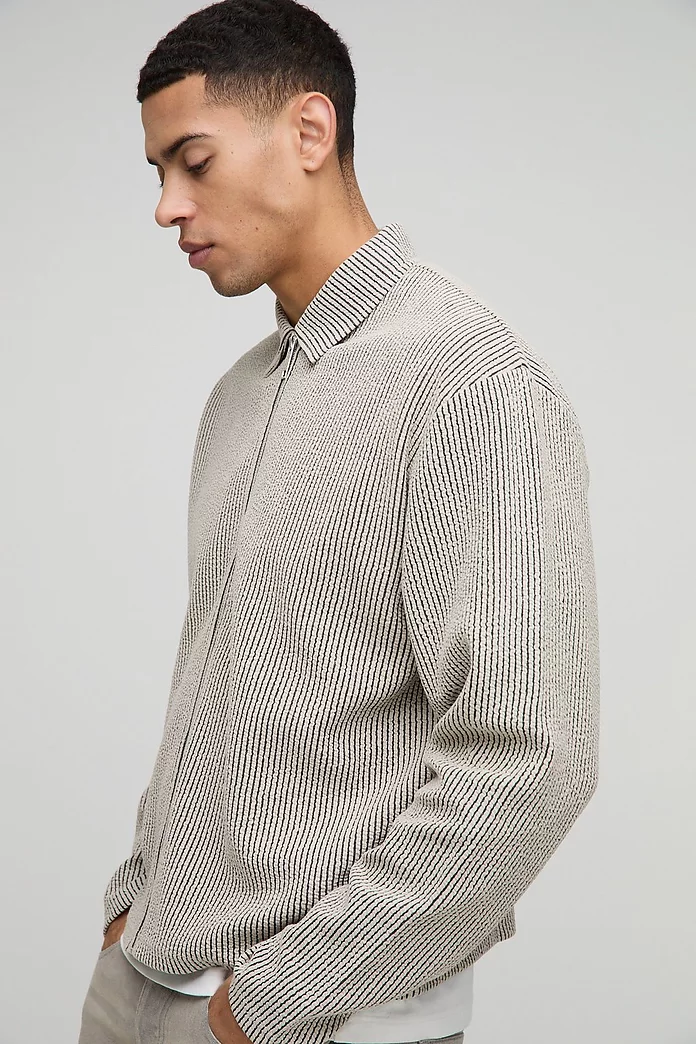 Oversized Boxy Jacquard Rib Harrington Jacket | boohooMAN USA Oversized Boxy Jacquard Rib Harrington Jacket | boohooMAN USA