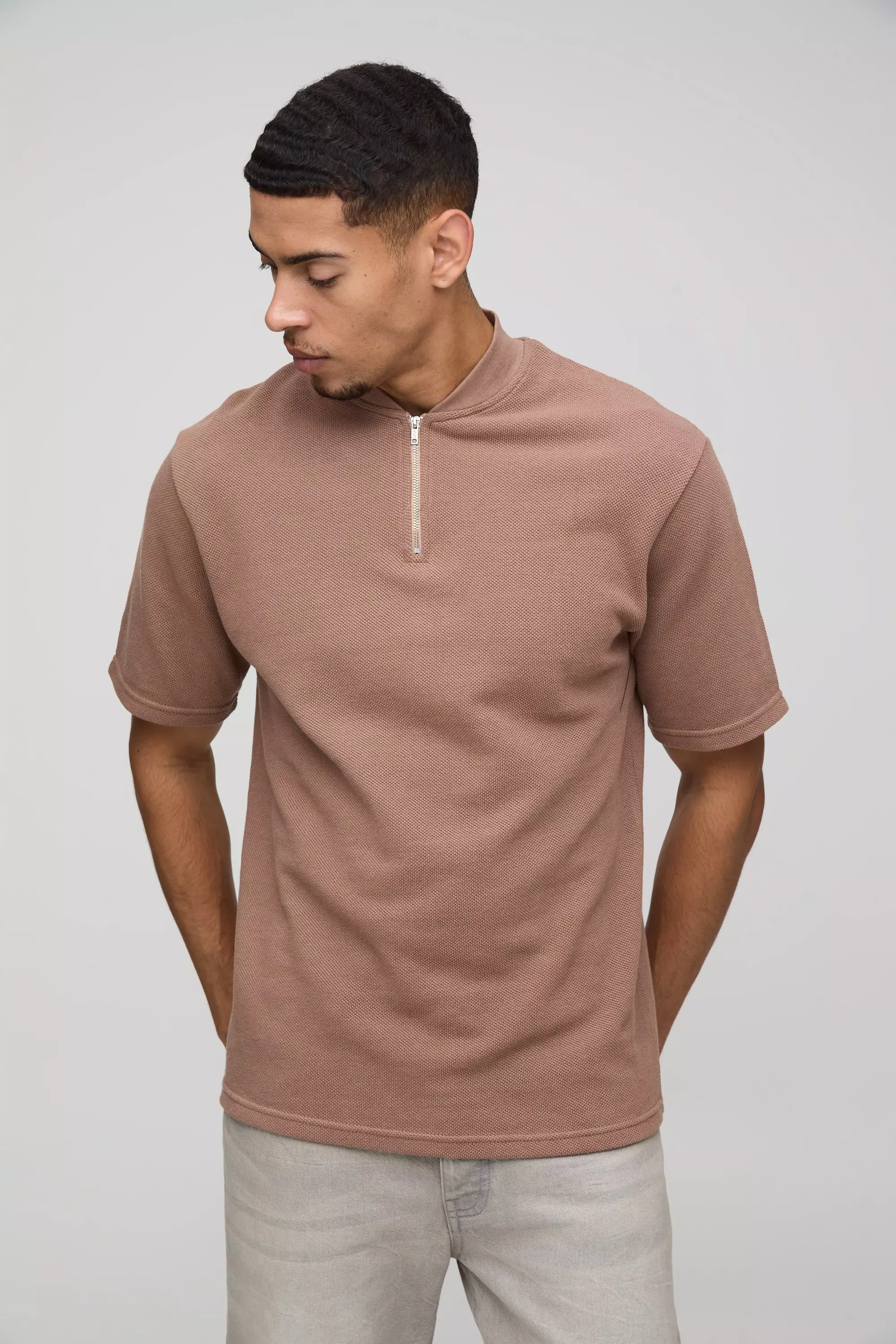 Chocolate Regular Fit Heavy Pique Bomber Neck Polo alternative image