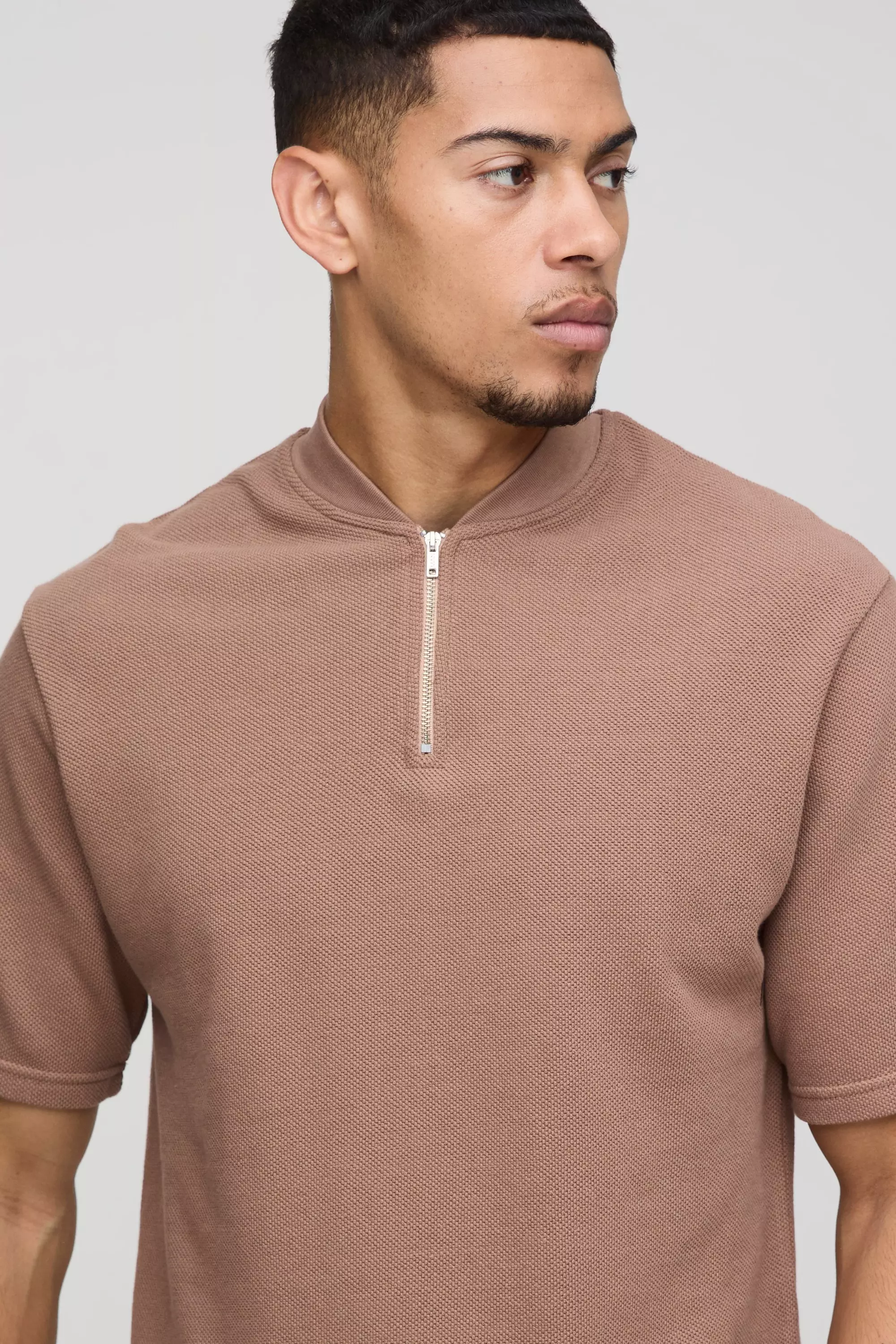 Chocolate Regular Fit Heavy Pique Bomber Neck Polo alternative image