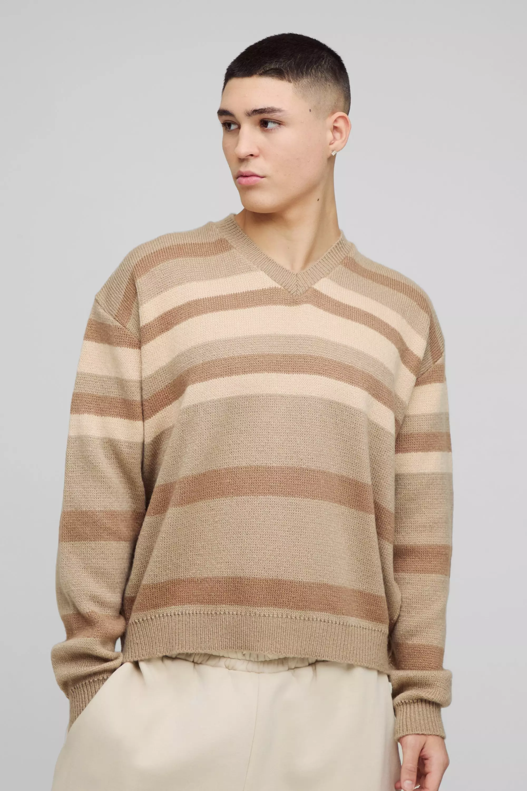 Oversized Boxy V Neck Brushed Stripe Knitted Jumper Tan