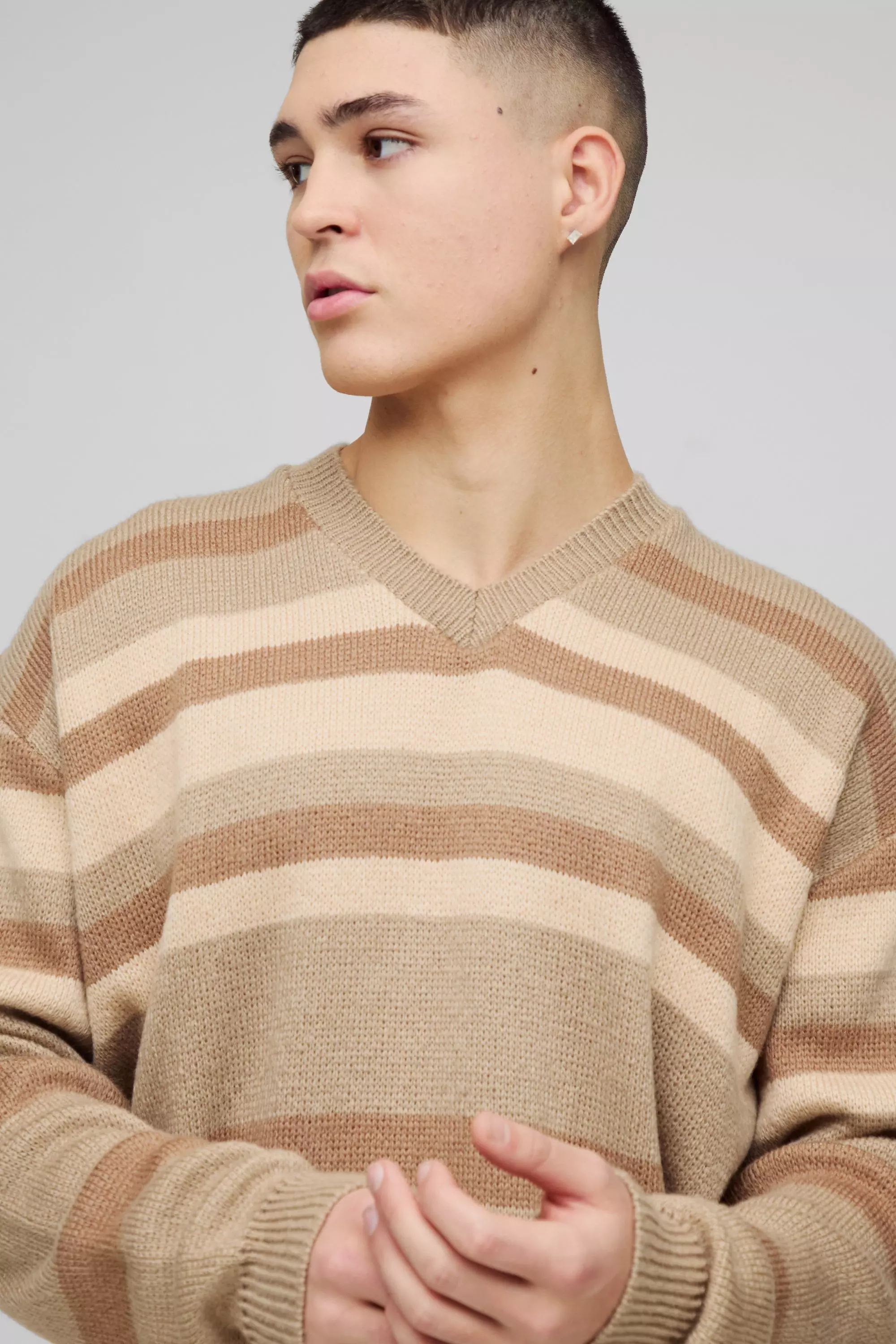 Tan Oversized Boxy V Neck Striped Knitted Jumper alternative image