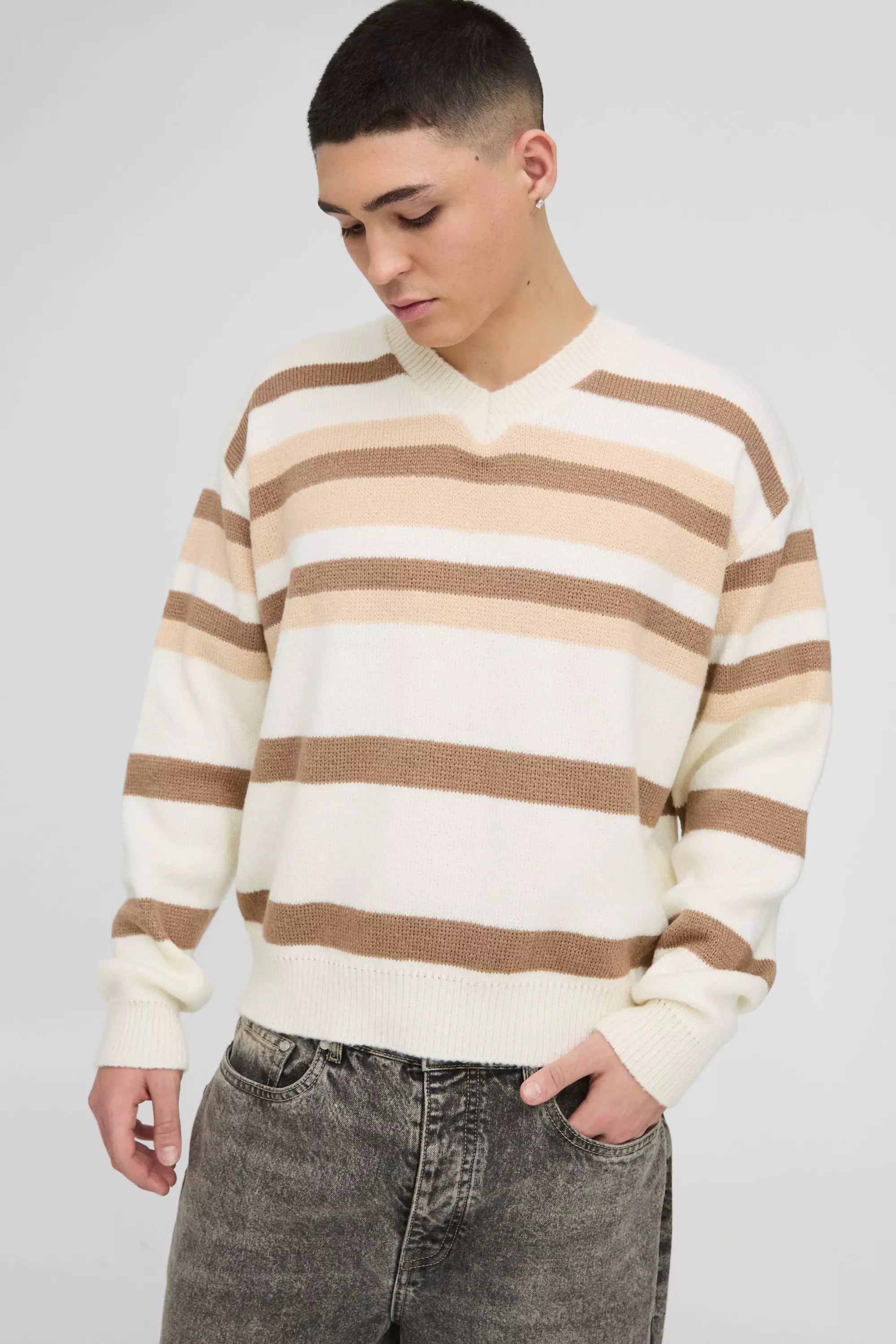 Oversized Boxy V Neck Brushed Stripe Knitted Jumper White