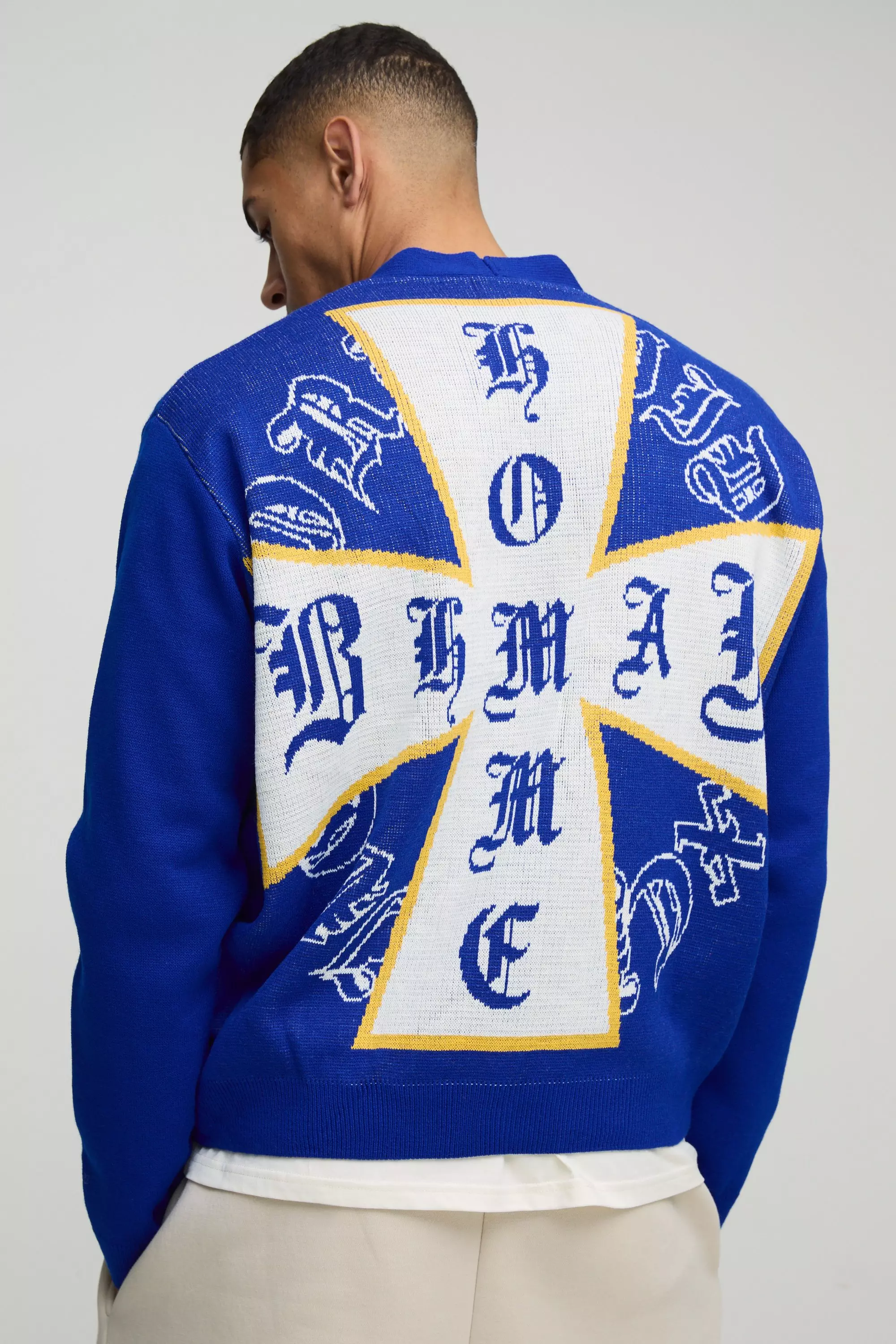 Blue Boxy Cross Graphic Knitted Cardigan alternative image