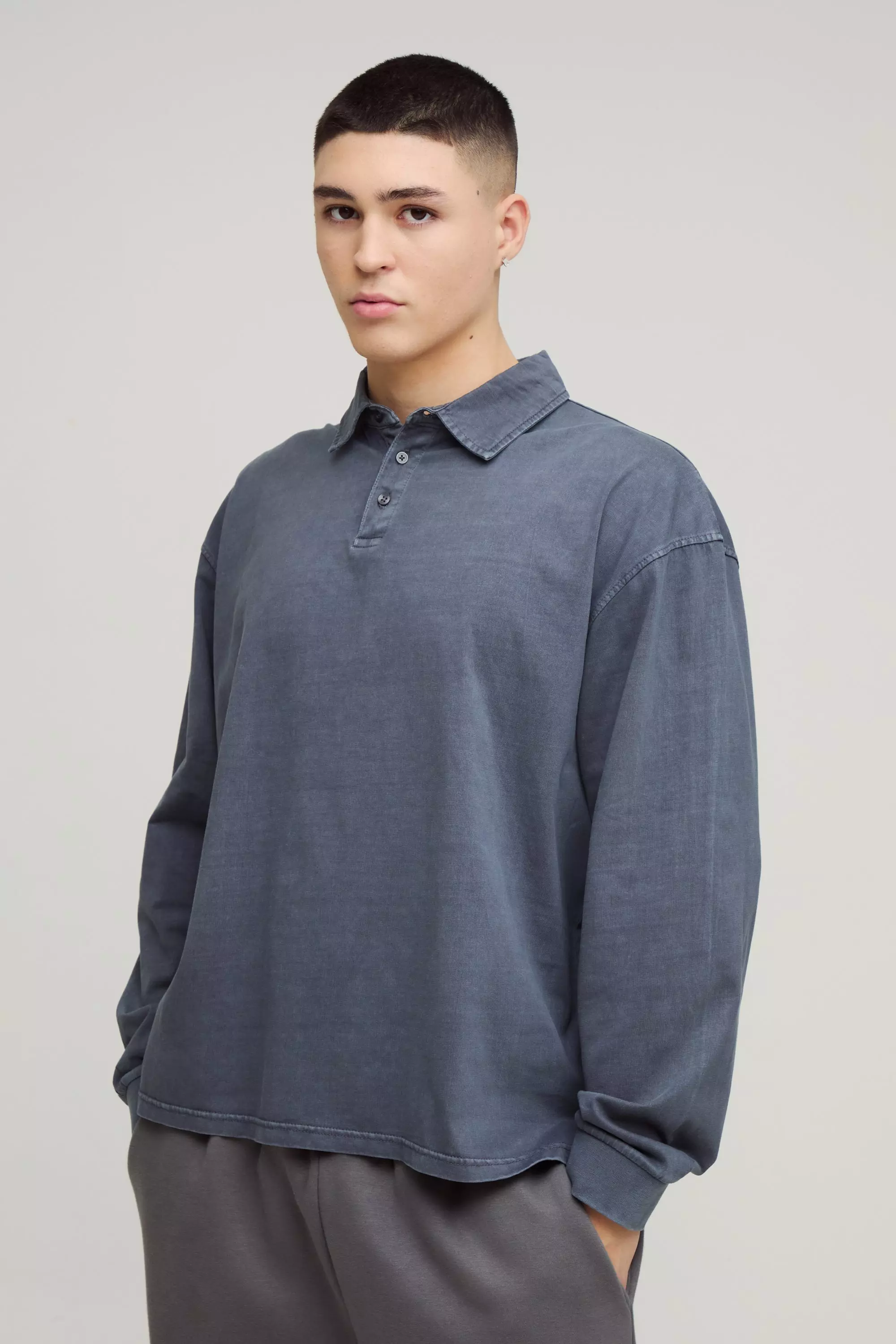 Charcoal Oversized Boxy Long Sleeve Wash Polo alternative image
