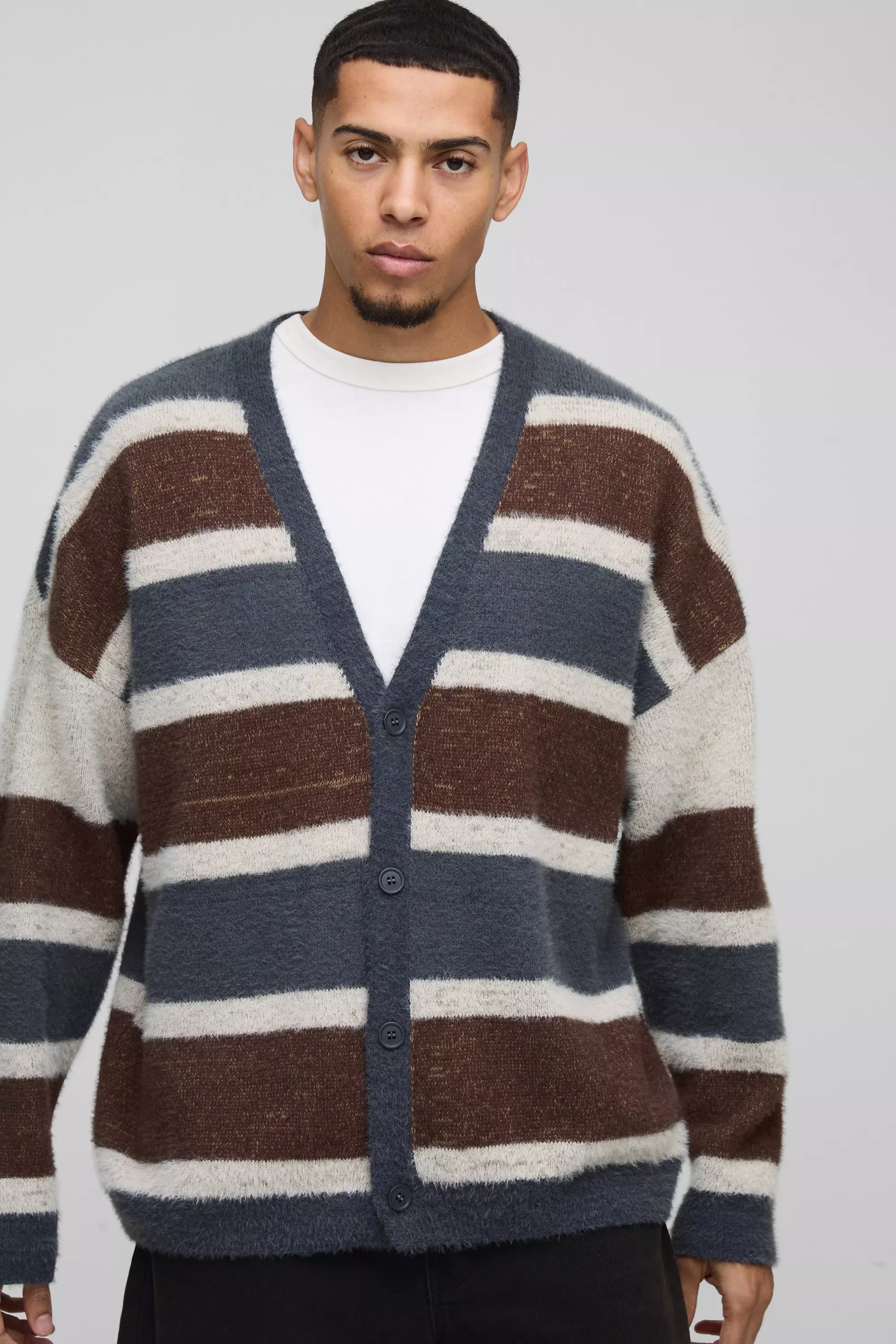 Oversized Dropped Shoulder Brushed Stripe Knitted Cardigan Blue