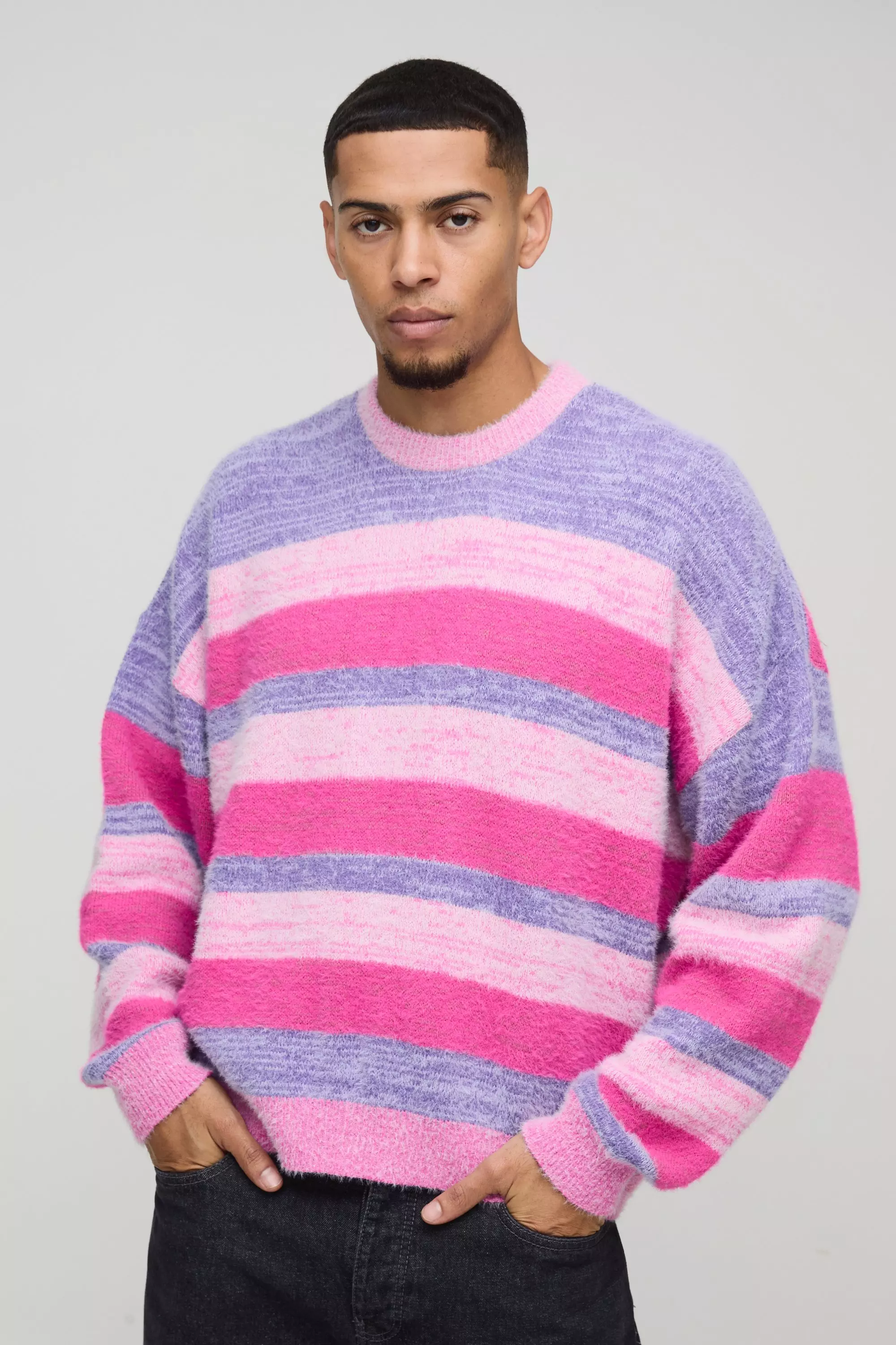 Pink Boxy Brushed Stripe Knitted Jumper alternative image
