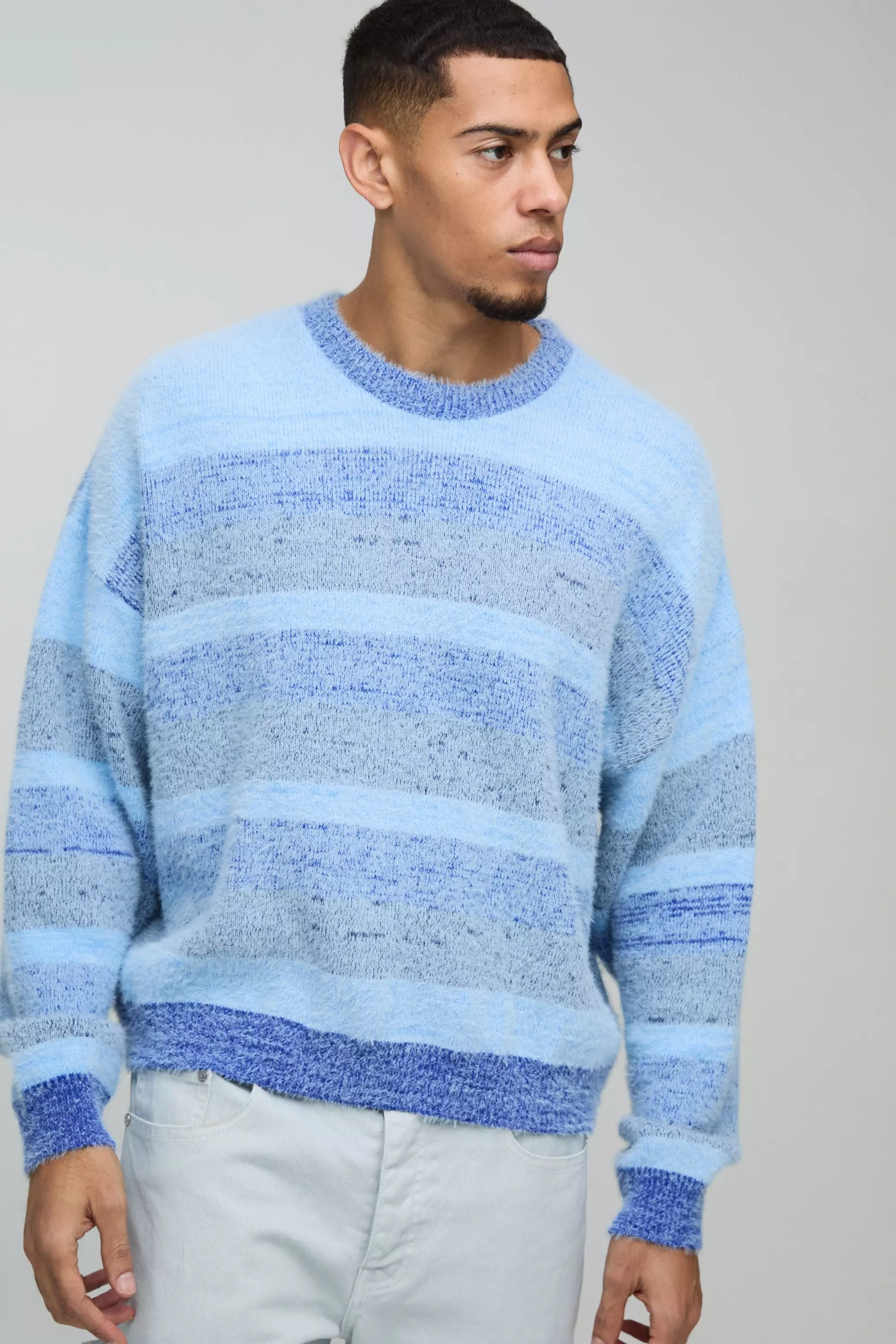 Blue Boxy Brushed Stripe Knitted Jumper