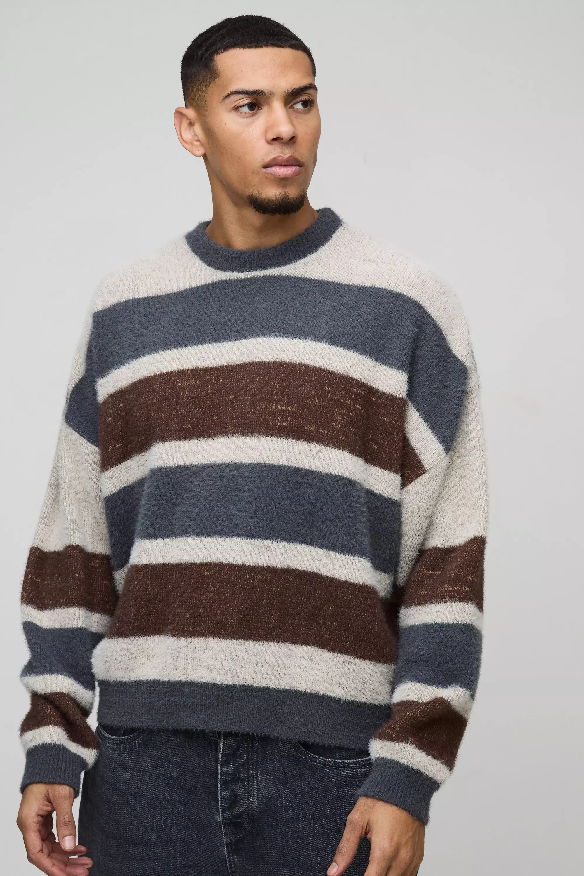 Blue Boxy Brushed Stripe Knitted Jumper